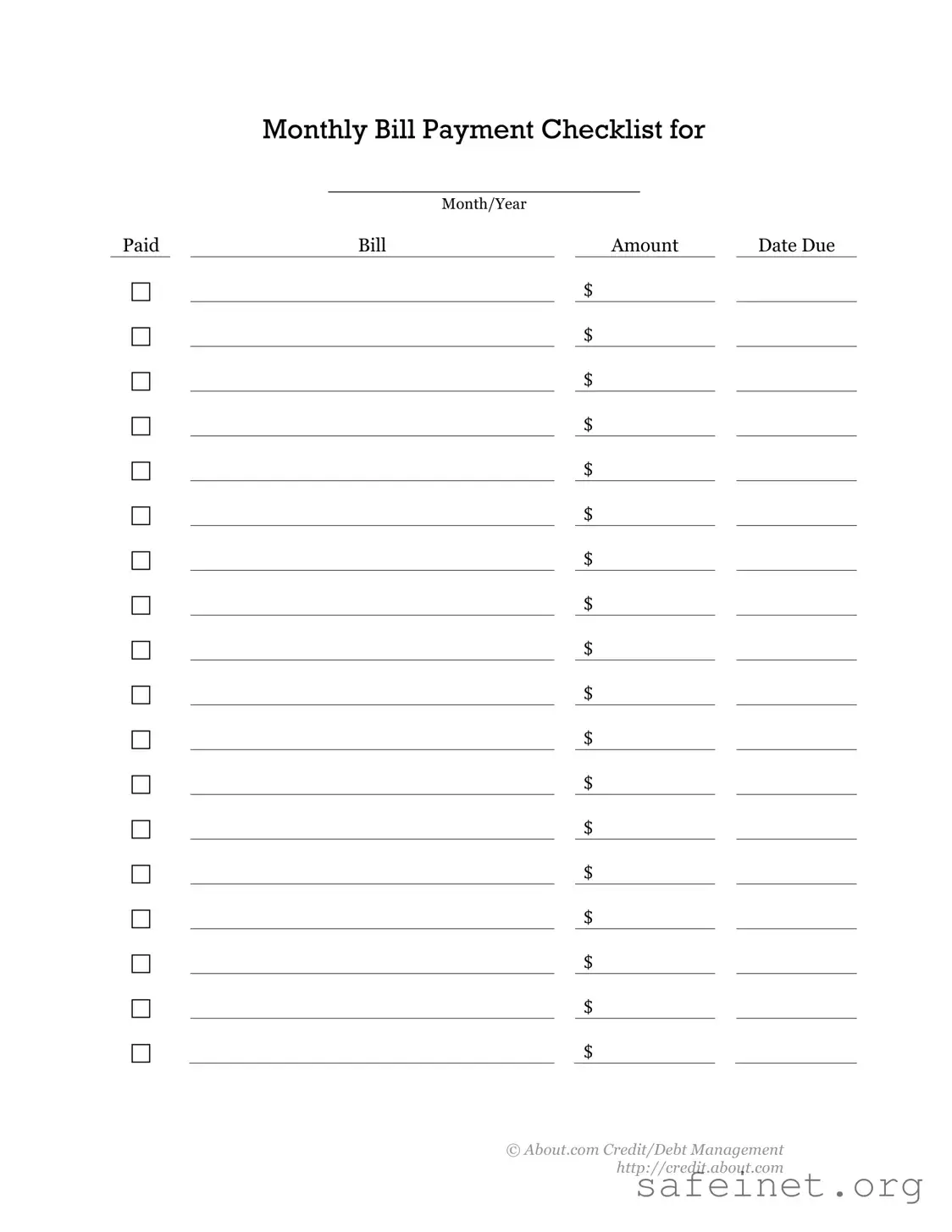 Blank Bill Payment Checklist Template