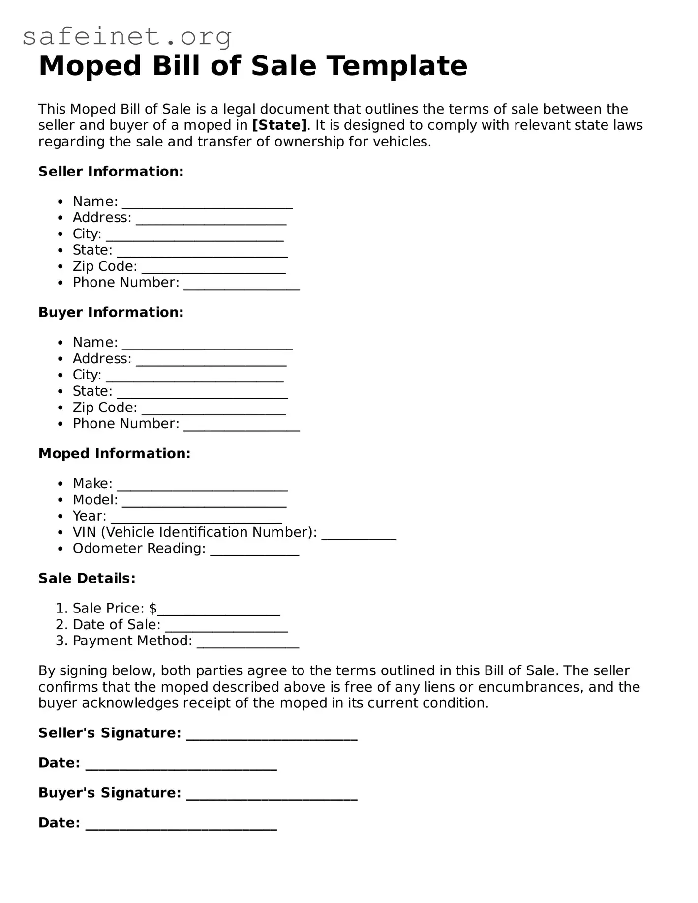 Official Moped Bill of Sale Document