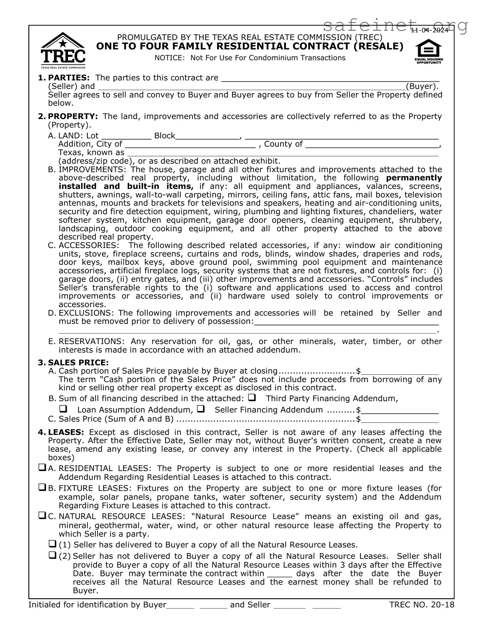 Blank TREC One to four family residential contract Template