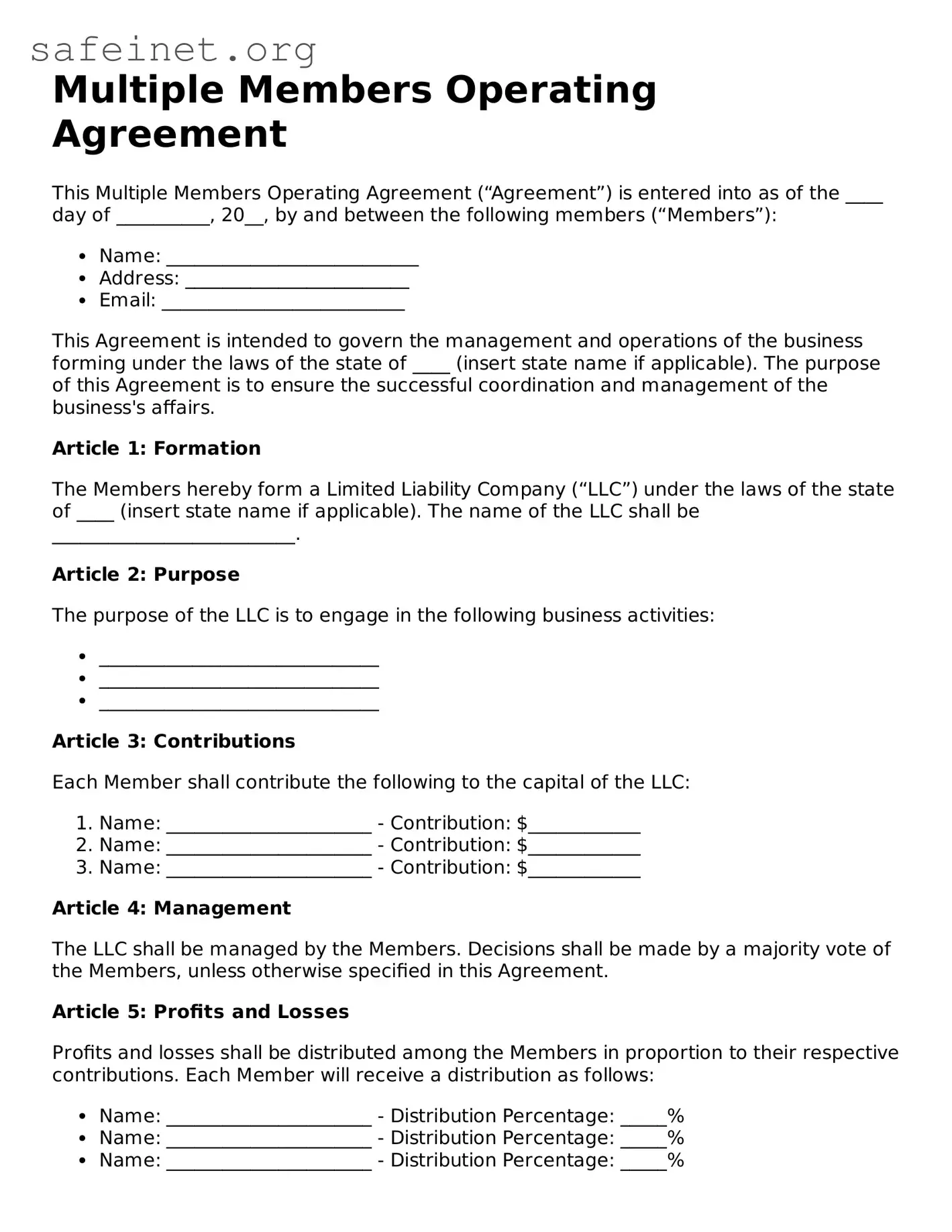 Official Multiple Members Operating Agreement Document
