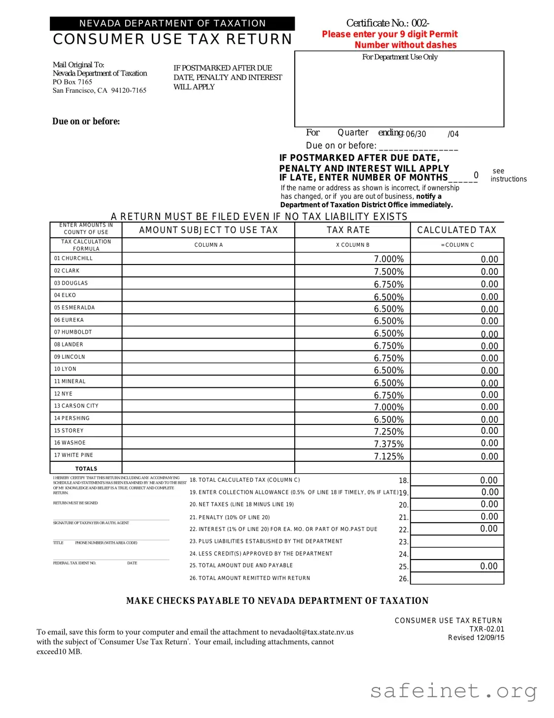 Blank Consumer Use Tax Return Nevada Template