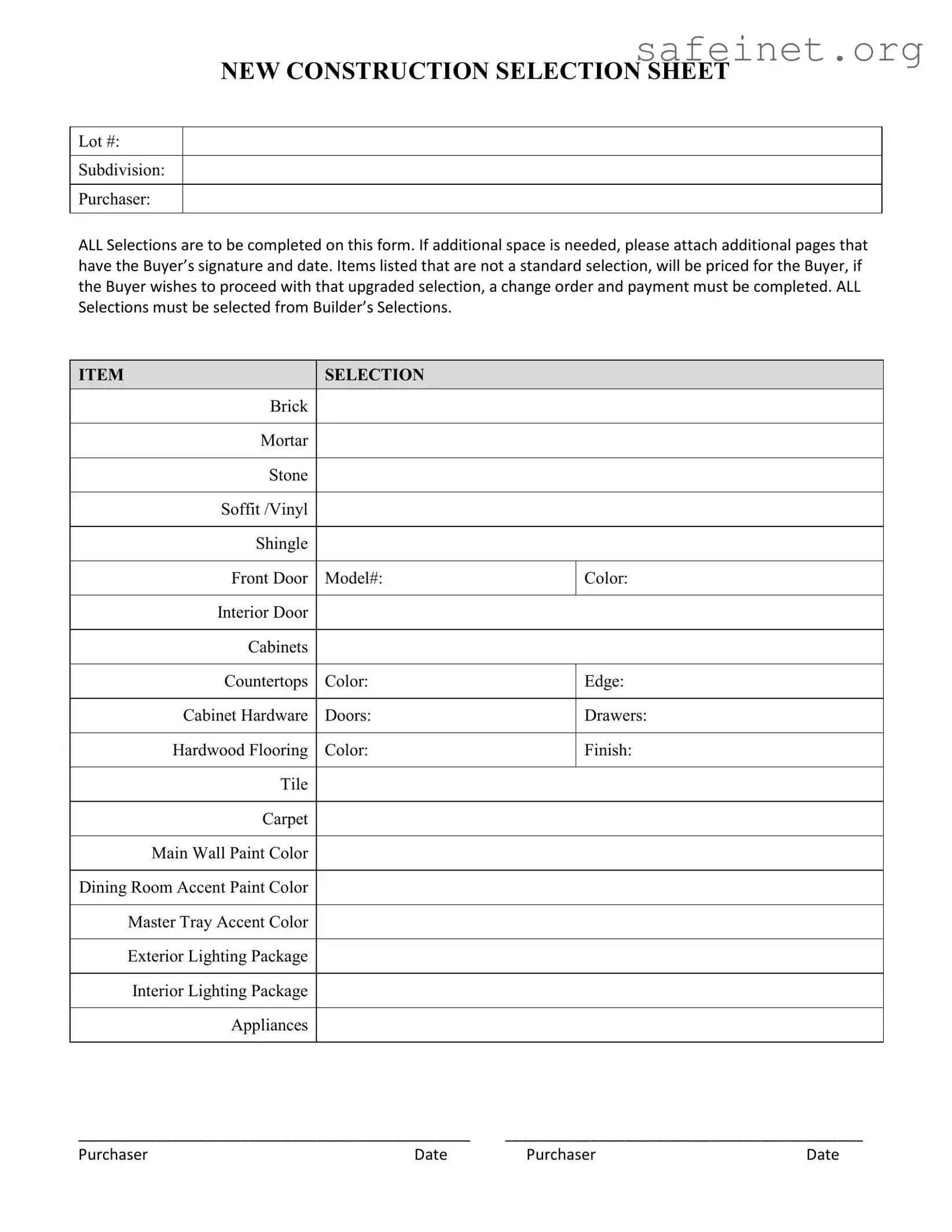 Blank New Construction Selection Sheet Template