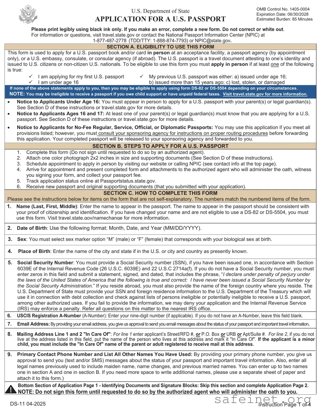 Blank DS-11 U.S. Passport application Template
