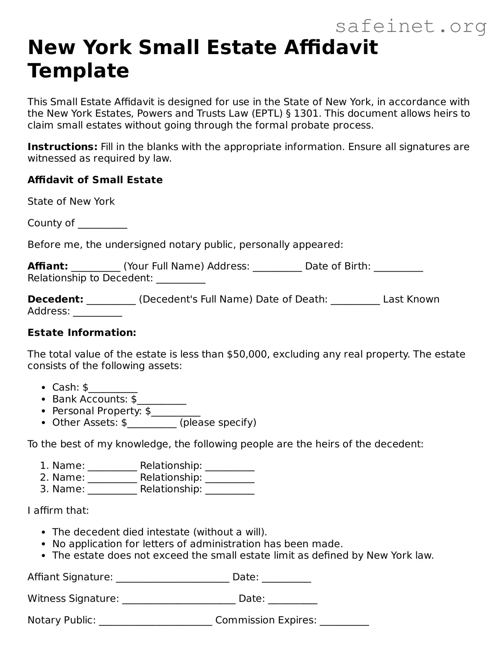Valid Small Estate Affidavit Template for the State of New York