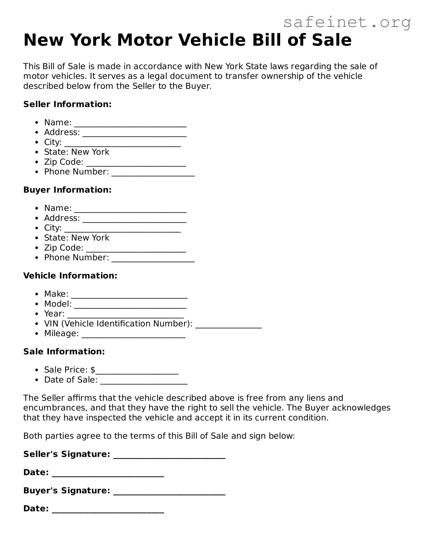 Valid Motor Vehicle Bill of Sale Template for the State of New York