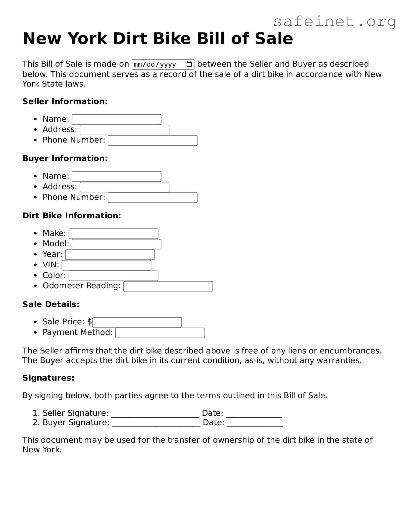 Valid Dirt Bike Bill of Sale Template for the State of New York