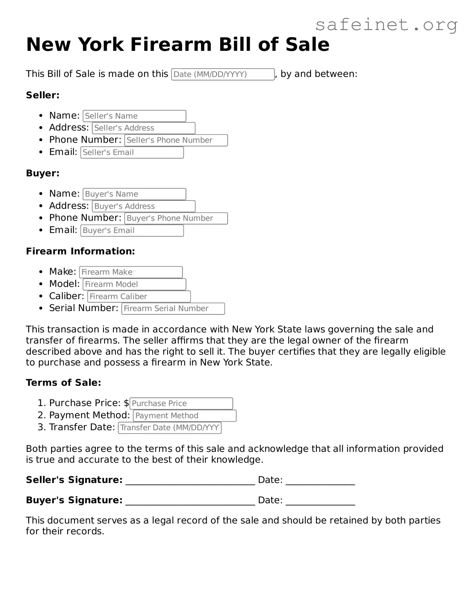 Valid Firearm Bill of Sale Template for the State of New York