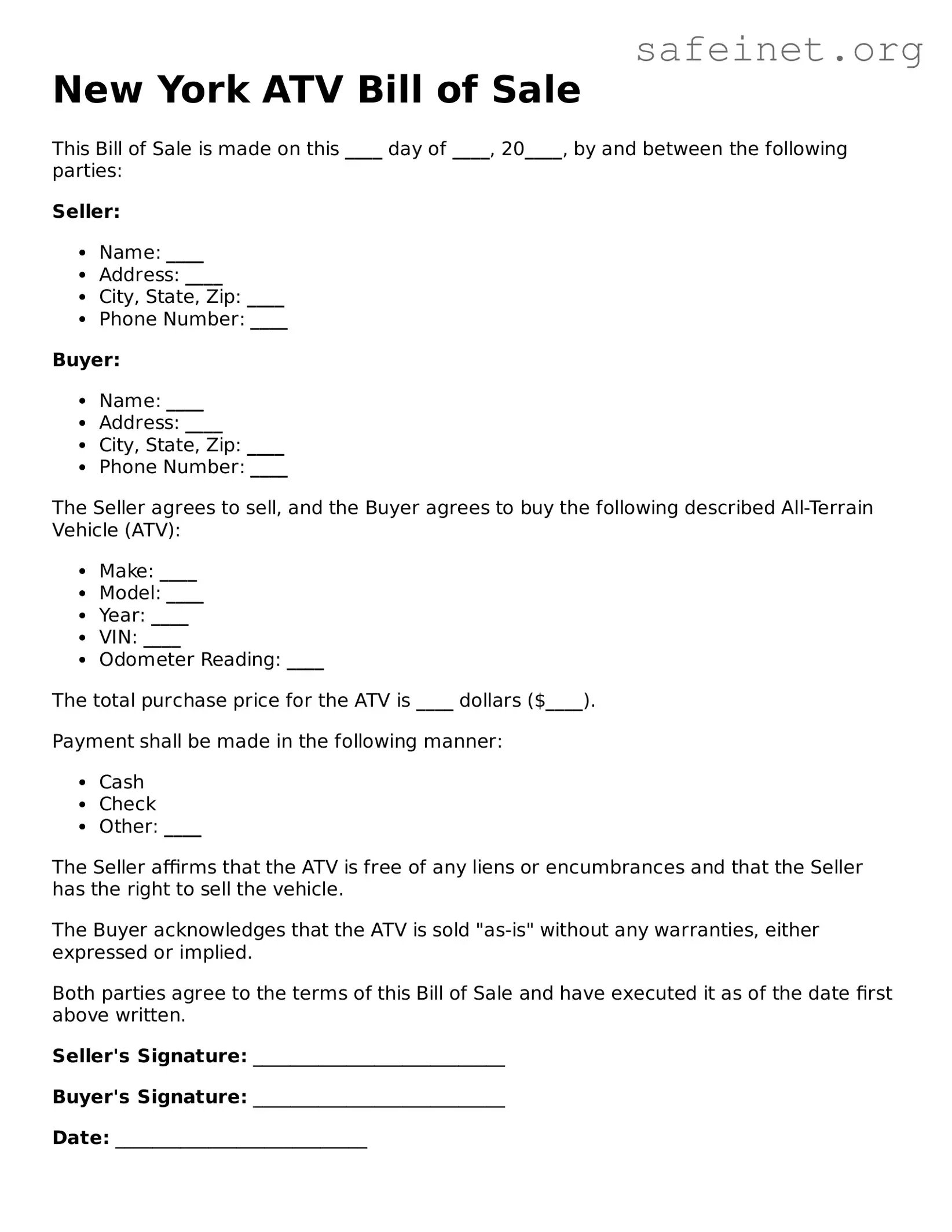 Valid ATV Bill of Sale Template for the State of New York