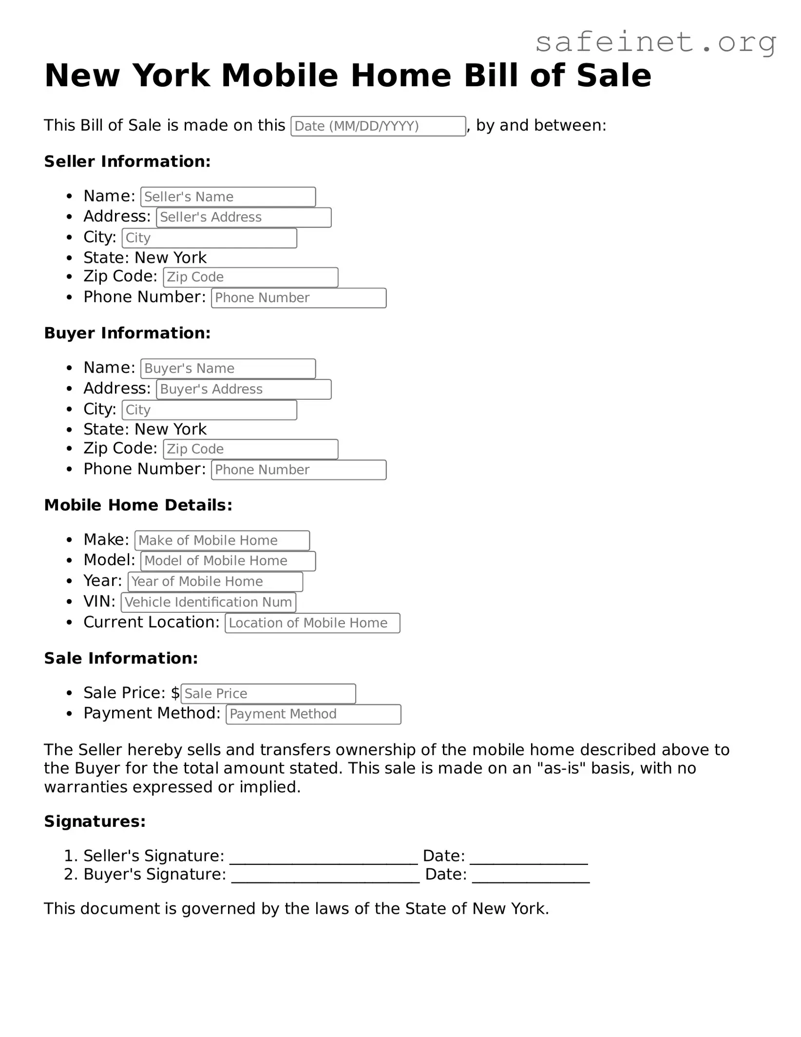 Valid Mobile Home Bill of Sale Template for the State of New York