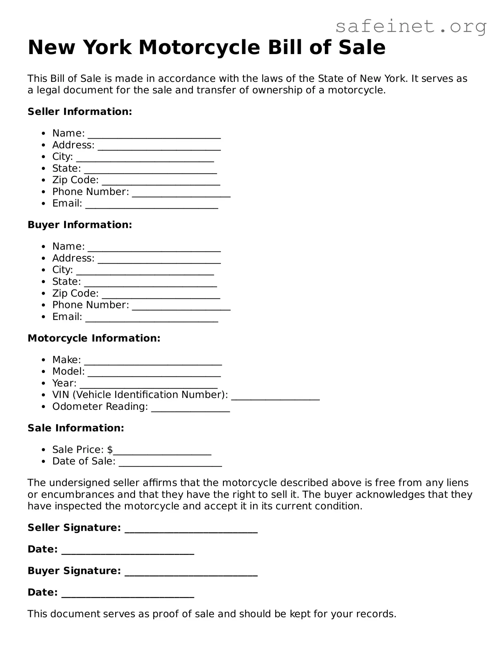 Valid Motorcycle Bill of Sale Template for the State of New York
