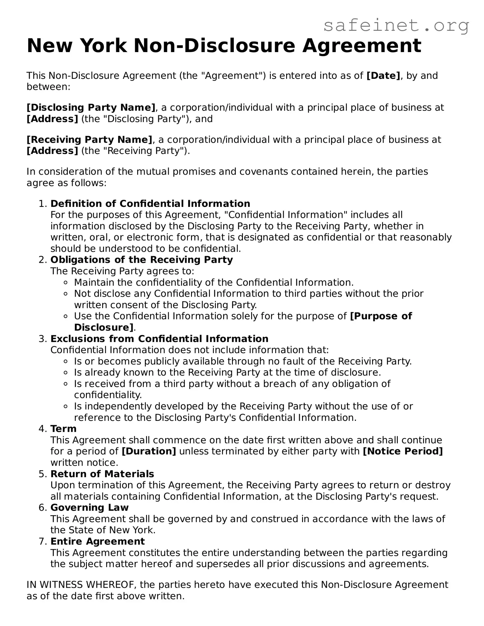 Valid Non-disclosure Agreement Template for the State of New York