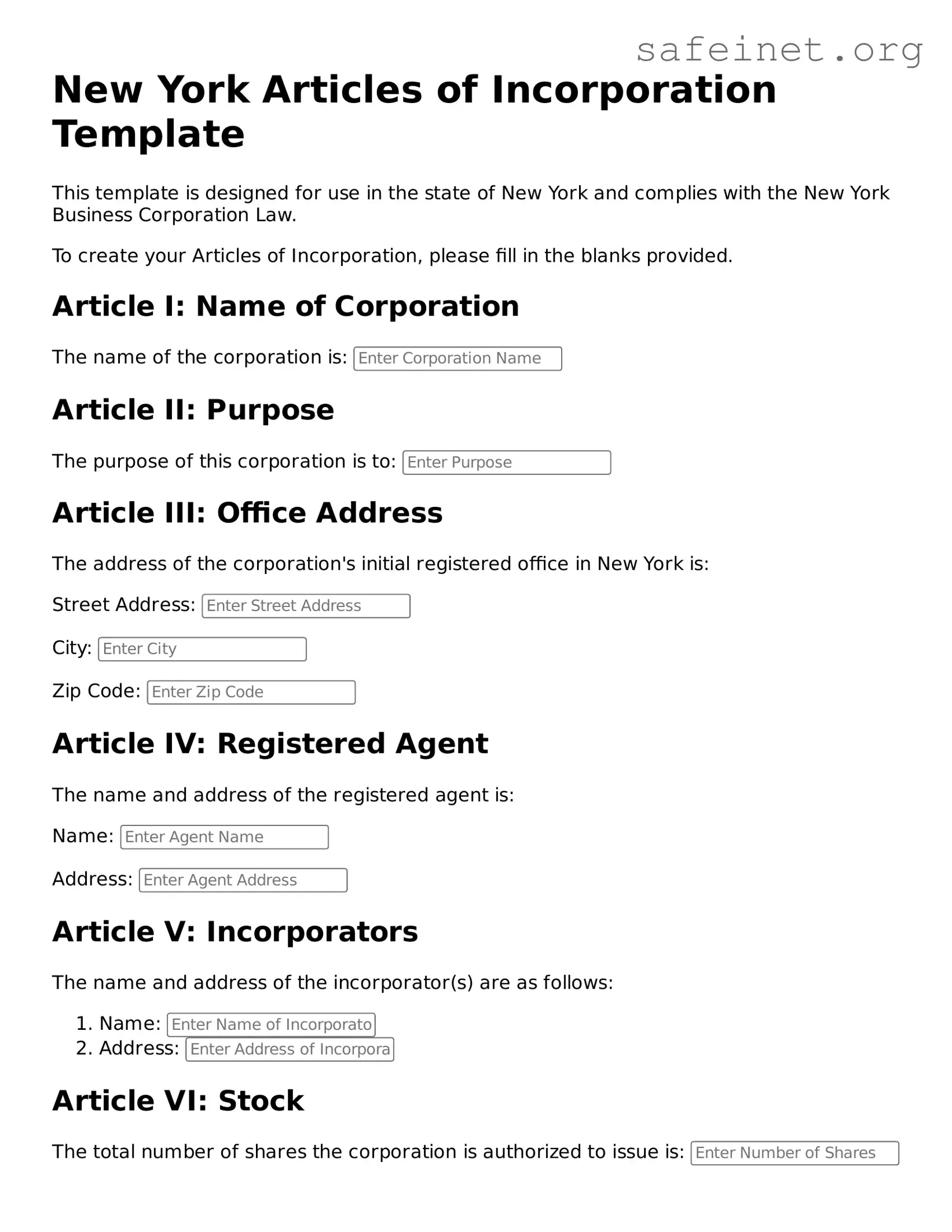 Valid Articles of Incorporation Template for the State of New York