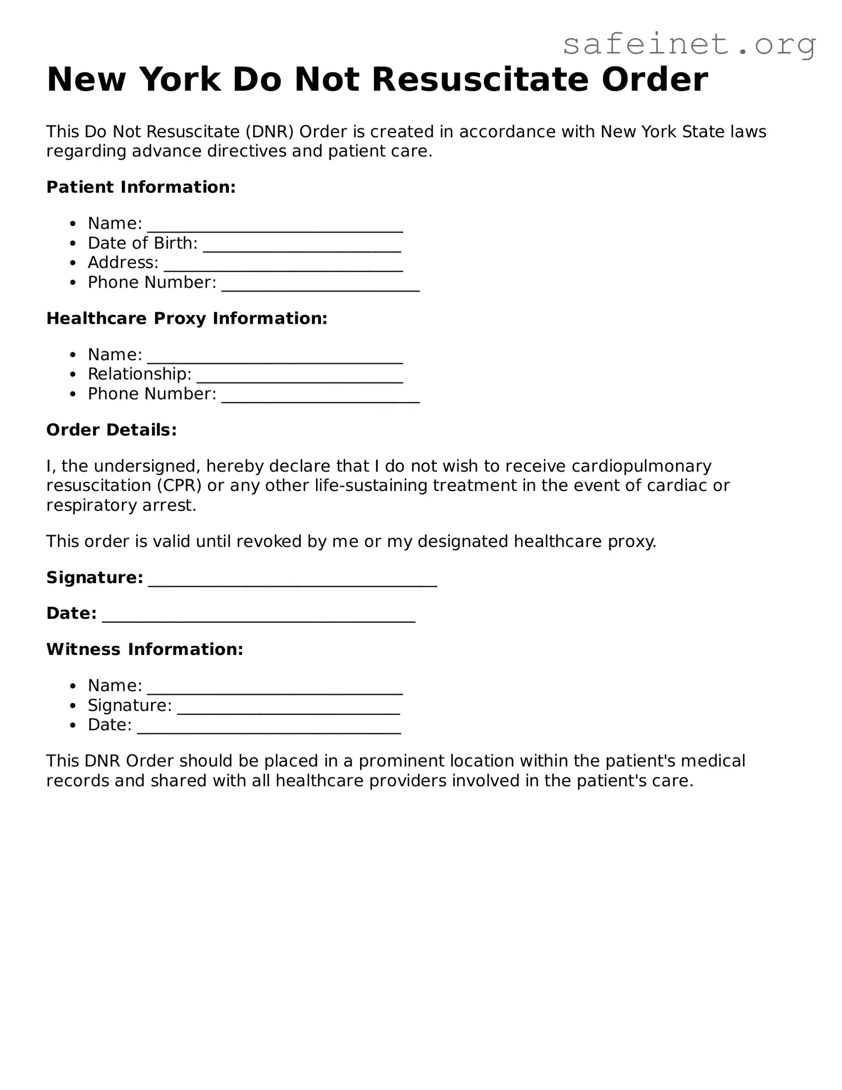 Valid Do Not Resuscitate Order Template for the State of New York