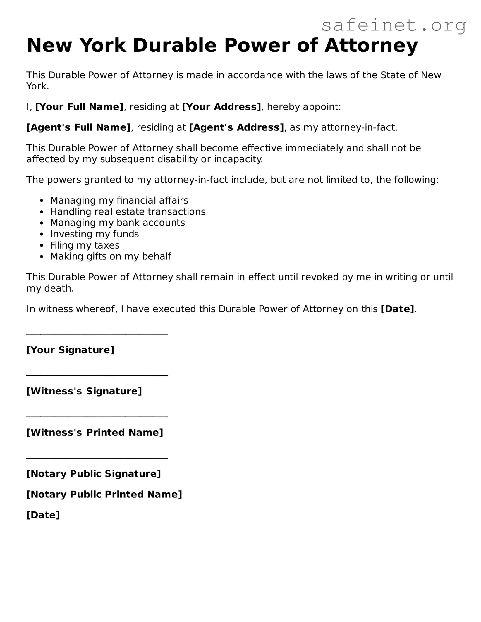Valid Durable Power of Attorney Template for the State of New York