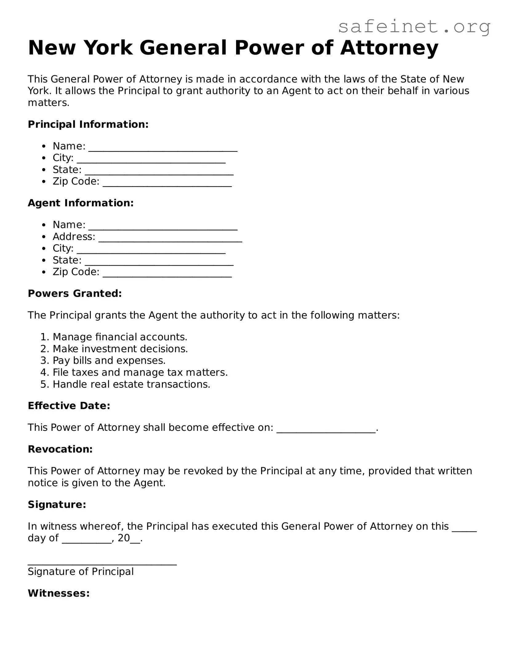 Valid General Power of Attorney Template for the State of New York