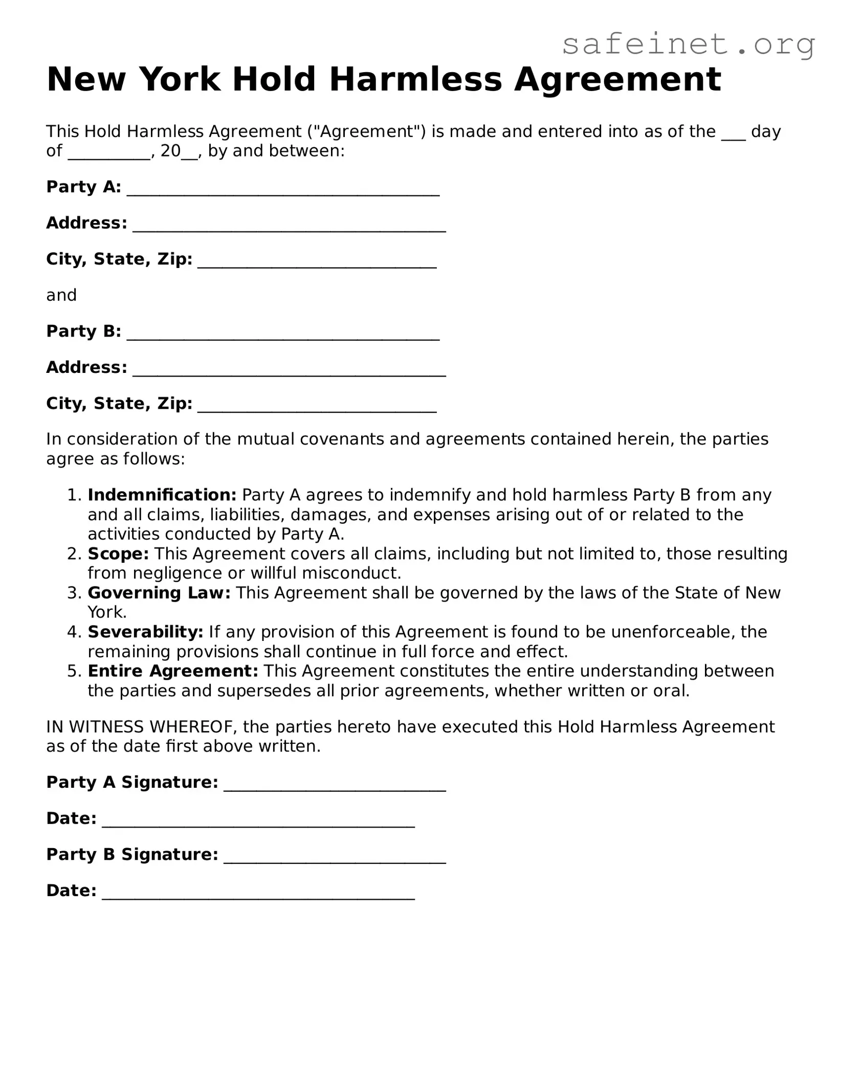 Valid Hold Harmless Agreement Template for the State of New York