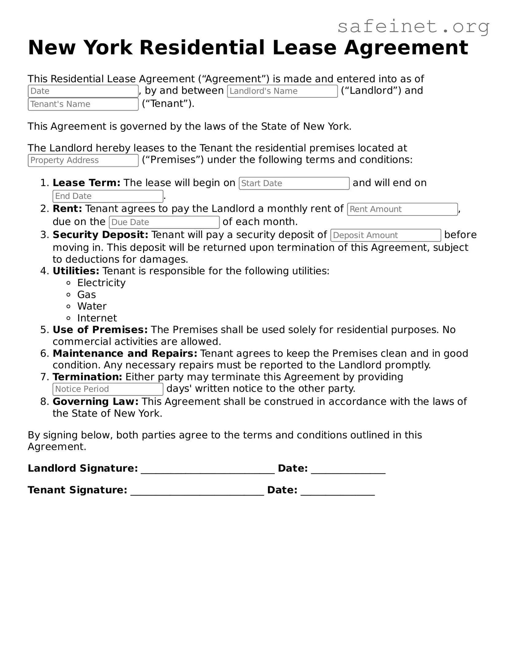 Valid Residential Lease Agreement Template for the State of New York