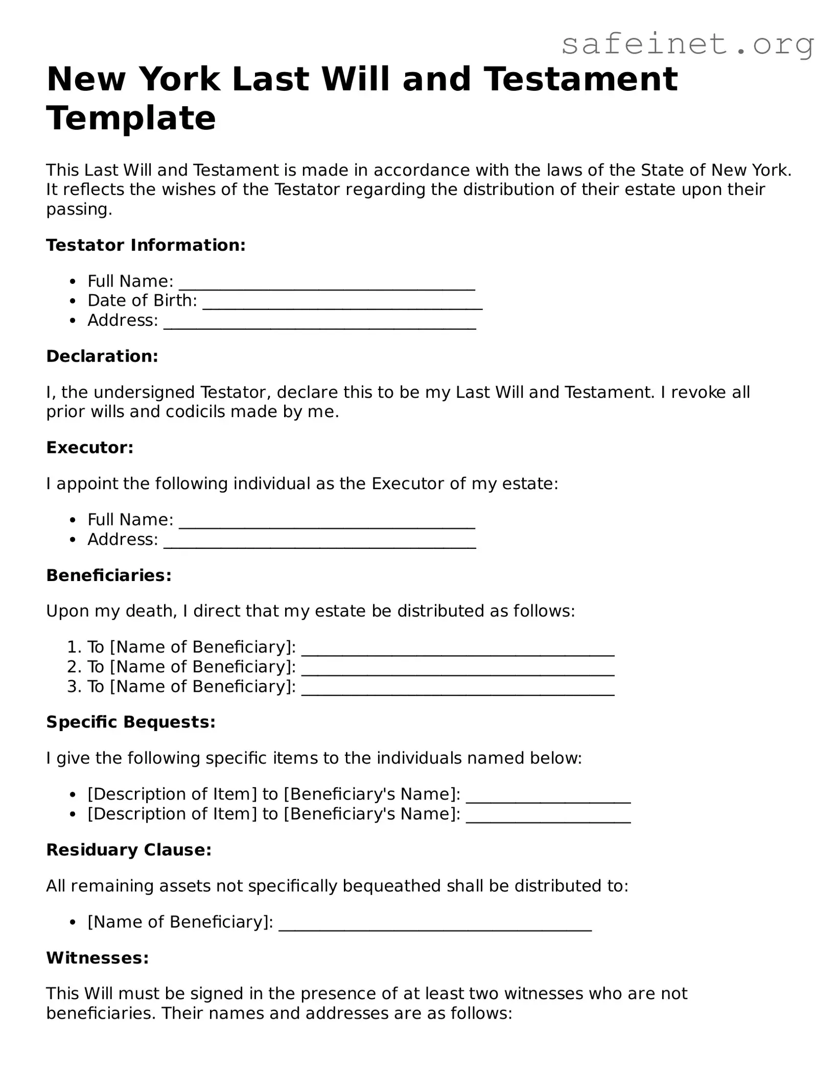 Valid Last Will and Testament Template for the State of New York
