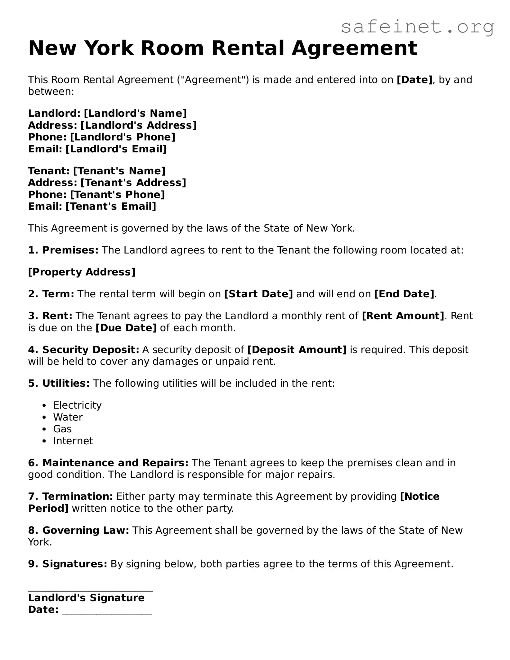 Valid Room Rental Agreement Template for the State of New York