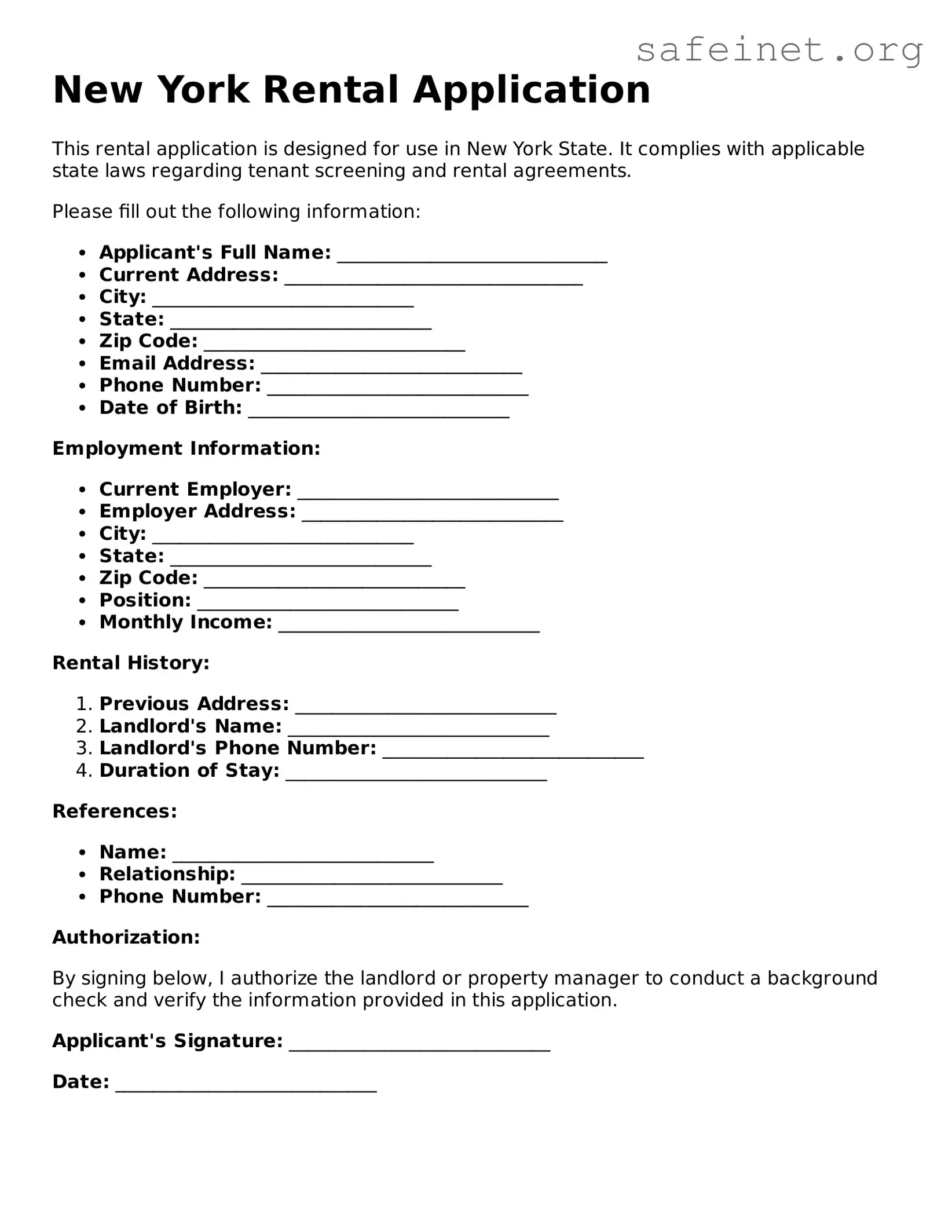 Valid Rental Application Template for the State of New York