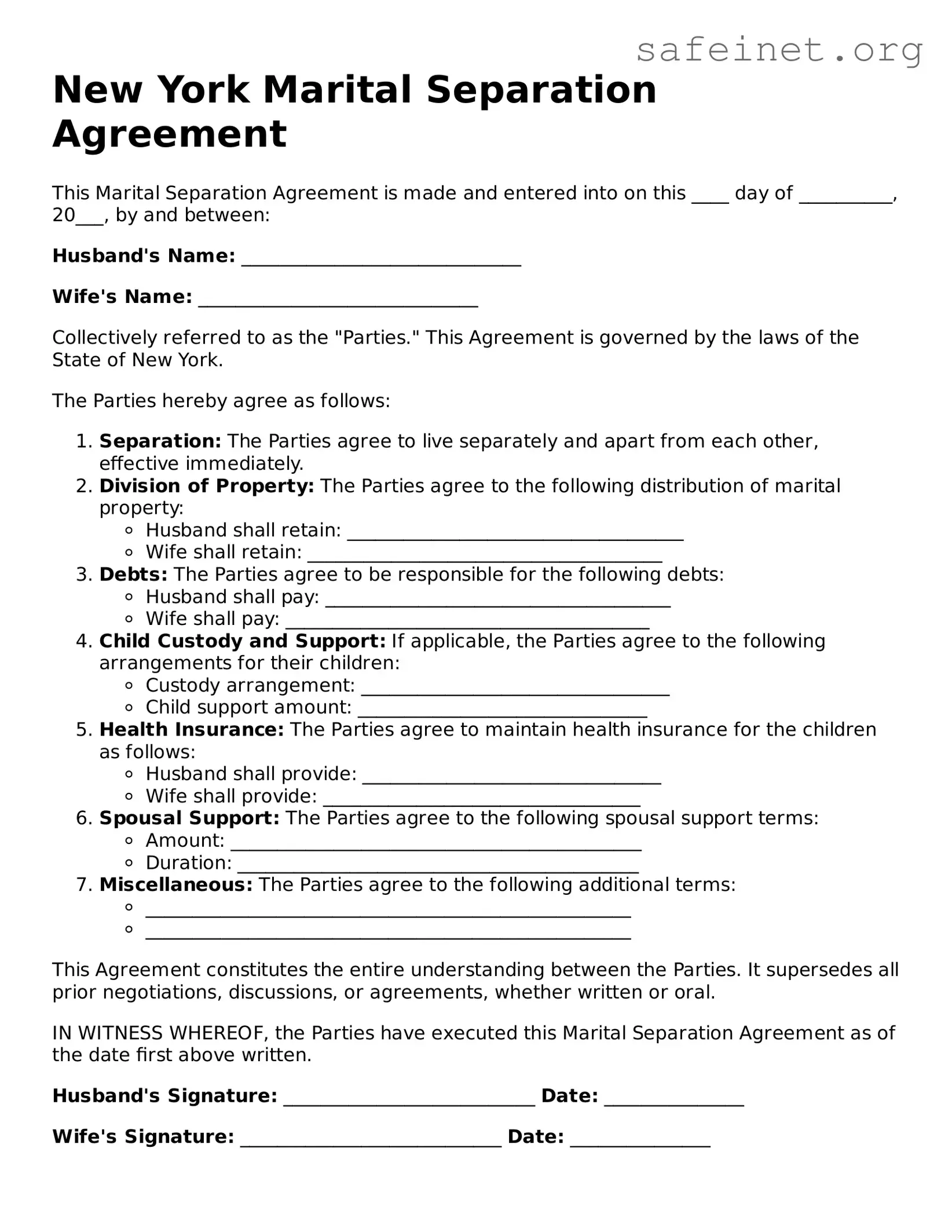 Valid Marital Separation Agreement Template for the State of New York