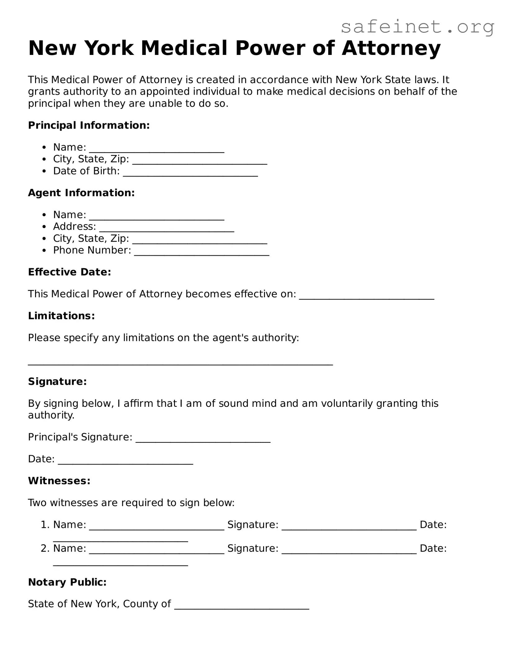 Valid Medical Power of Attorney Template for the State of New York