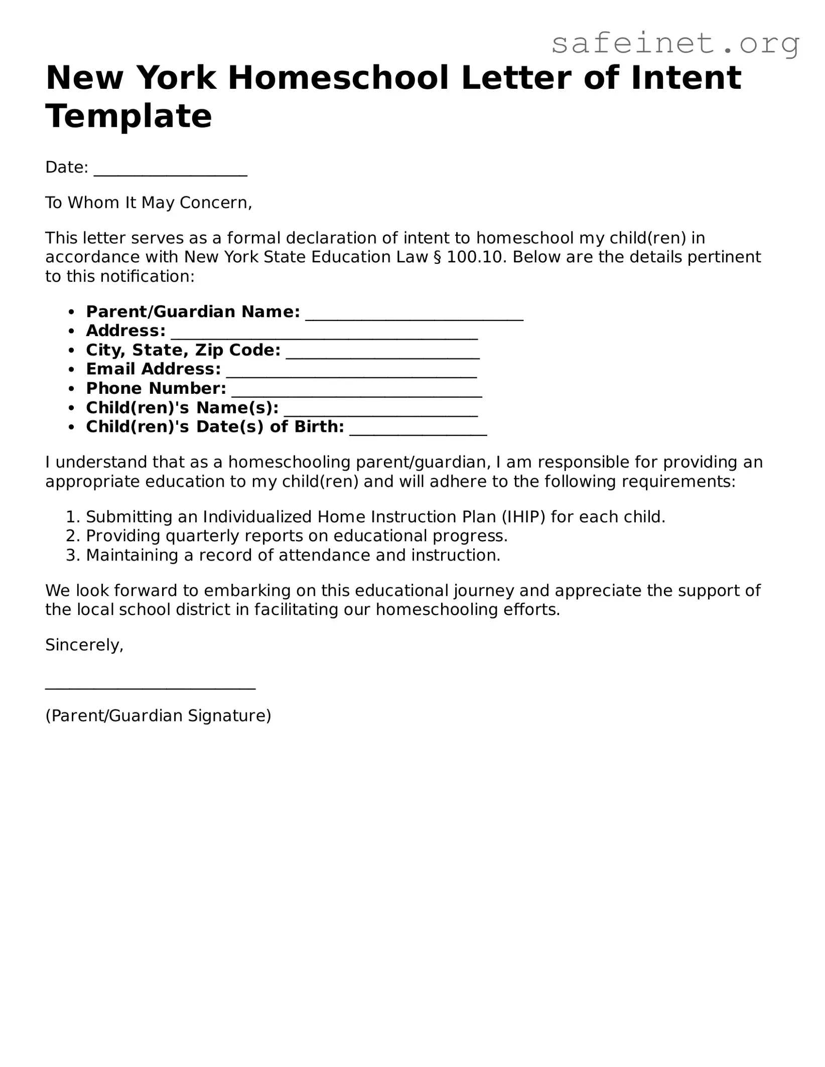 Valid Homeschool Letter of Intent Template for the State of New York