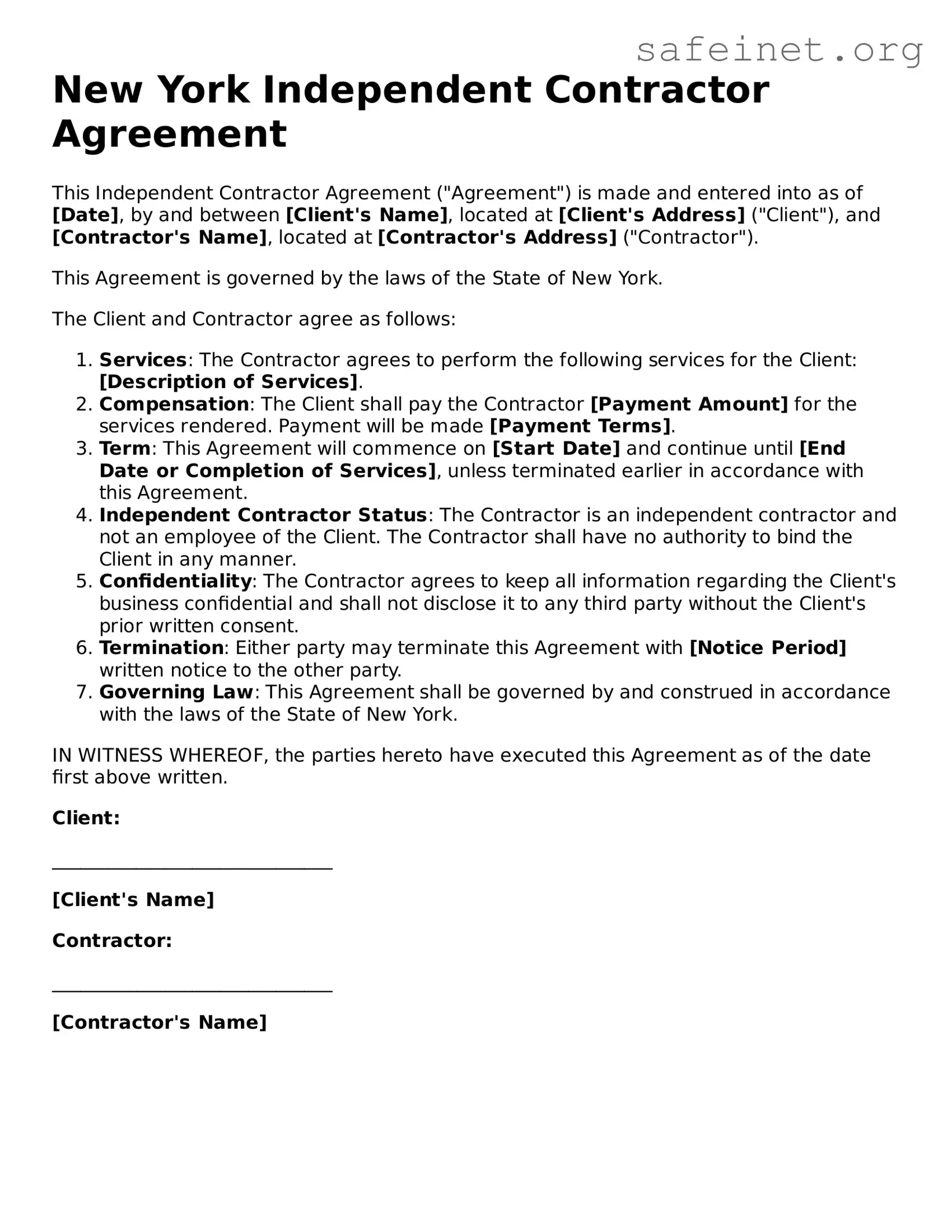 Valid Independent Contractor Agreement Template for the State of New York