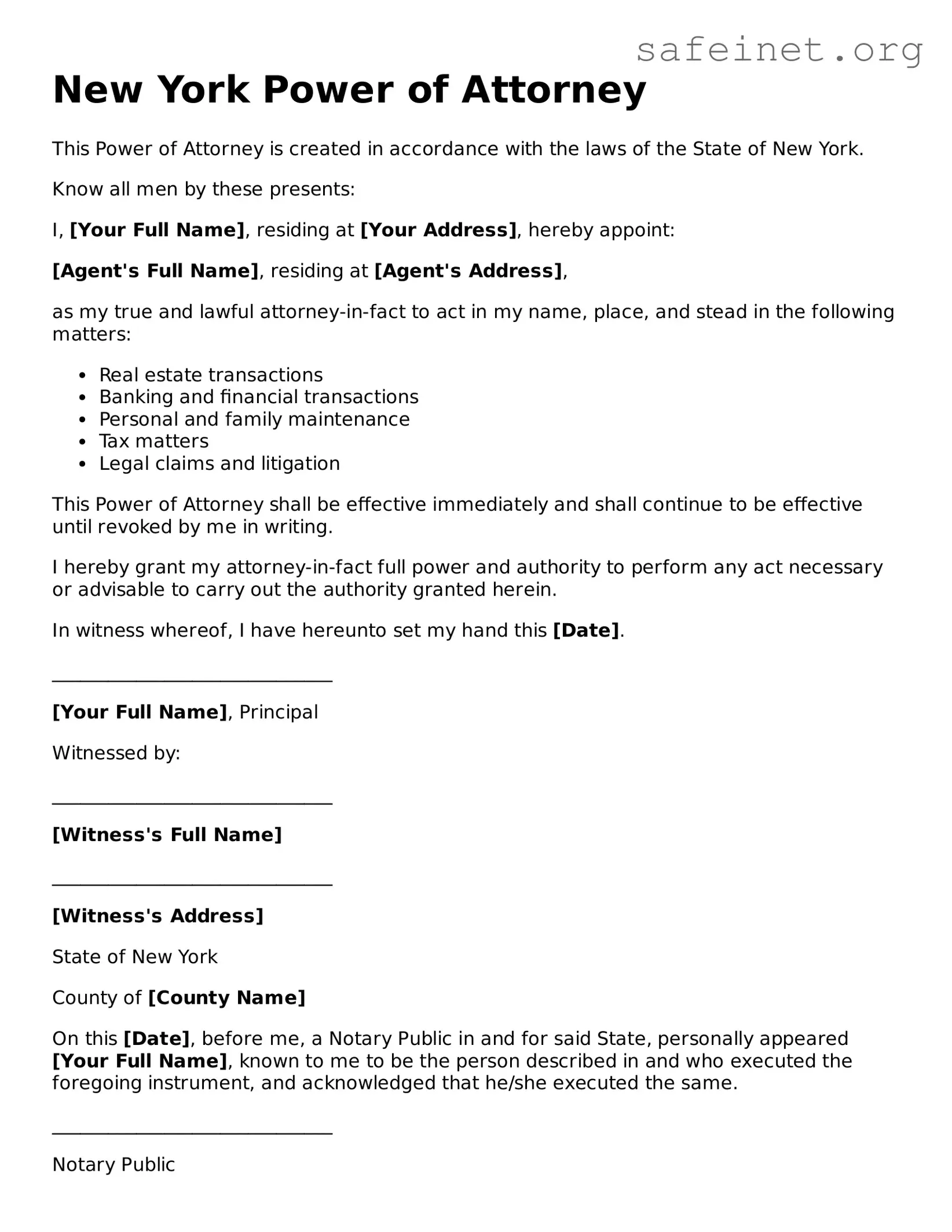 Valid Power of Attorney Template for the State of New York