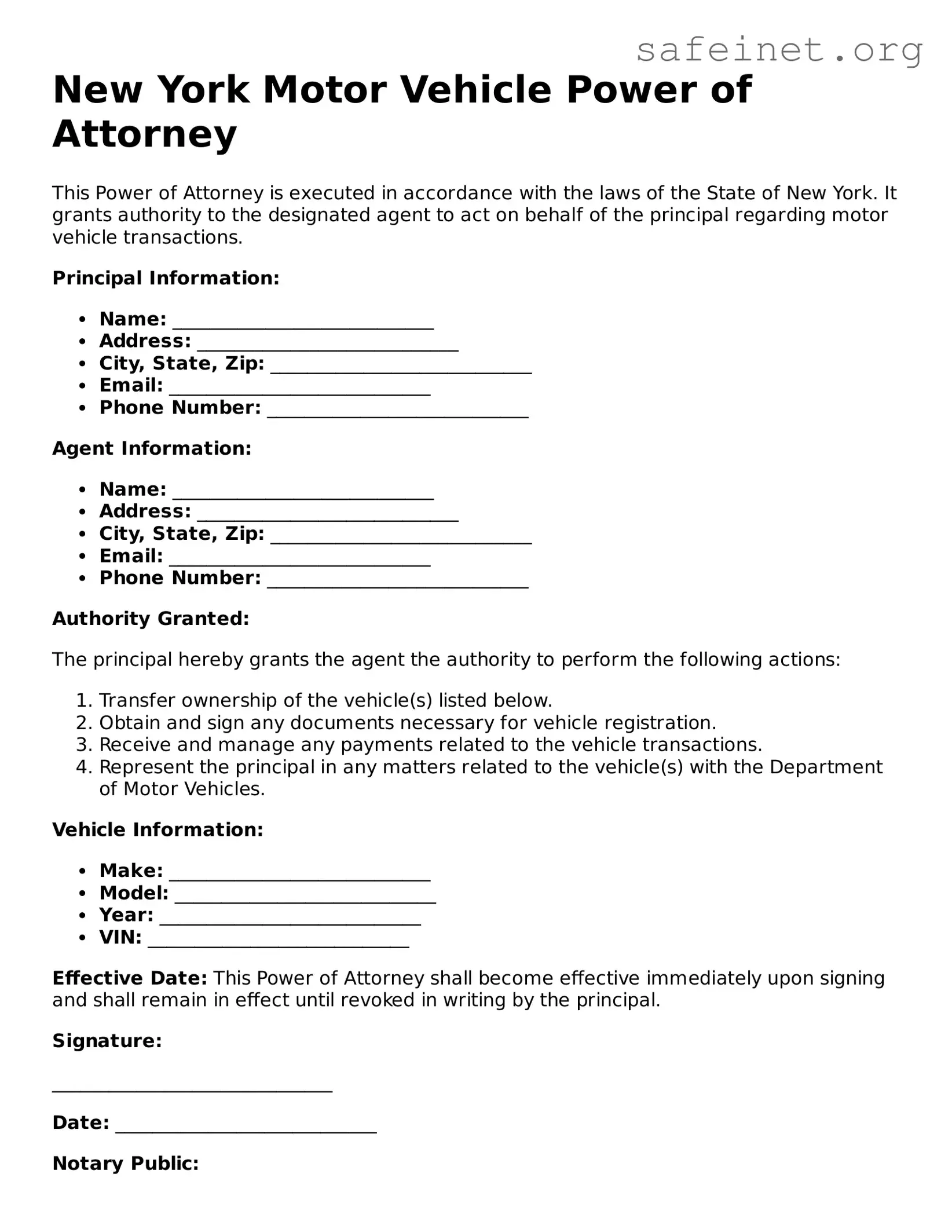 Valid Motor Vehicle Power of Attorney Template for the State of New York