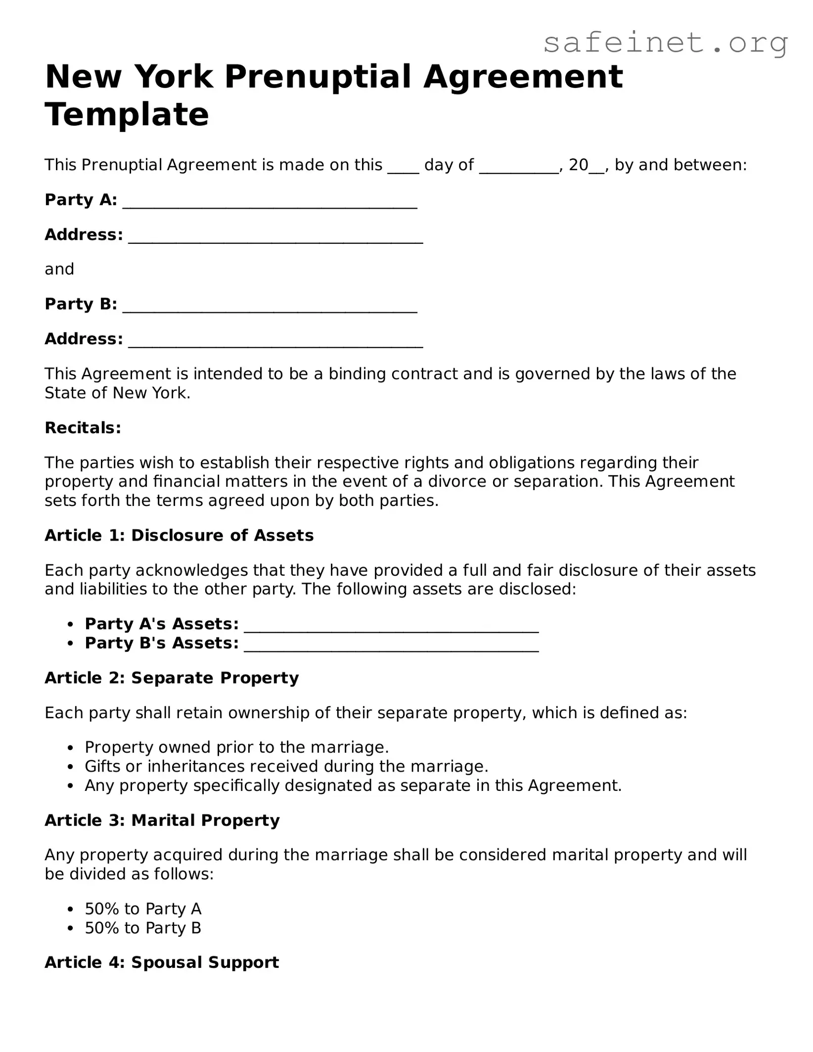 Valid Prenuptial Agreement Template for the State of New York