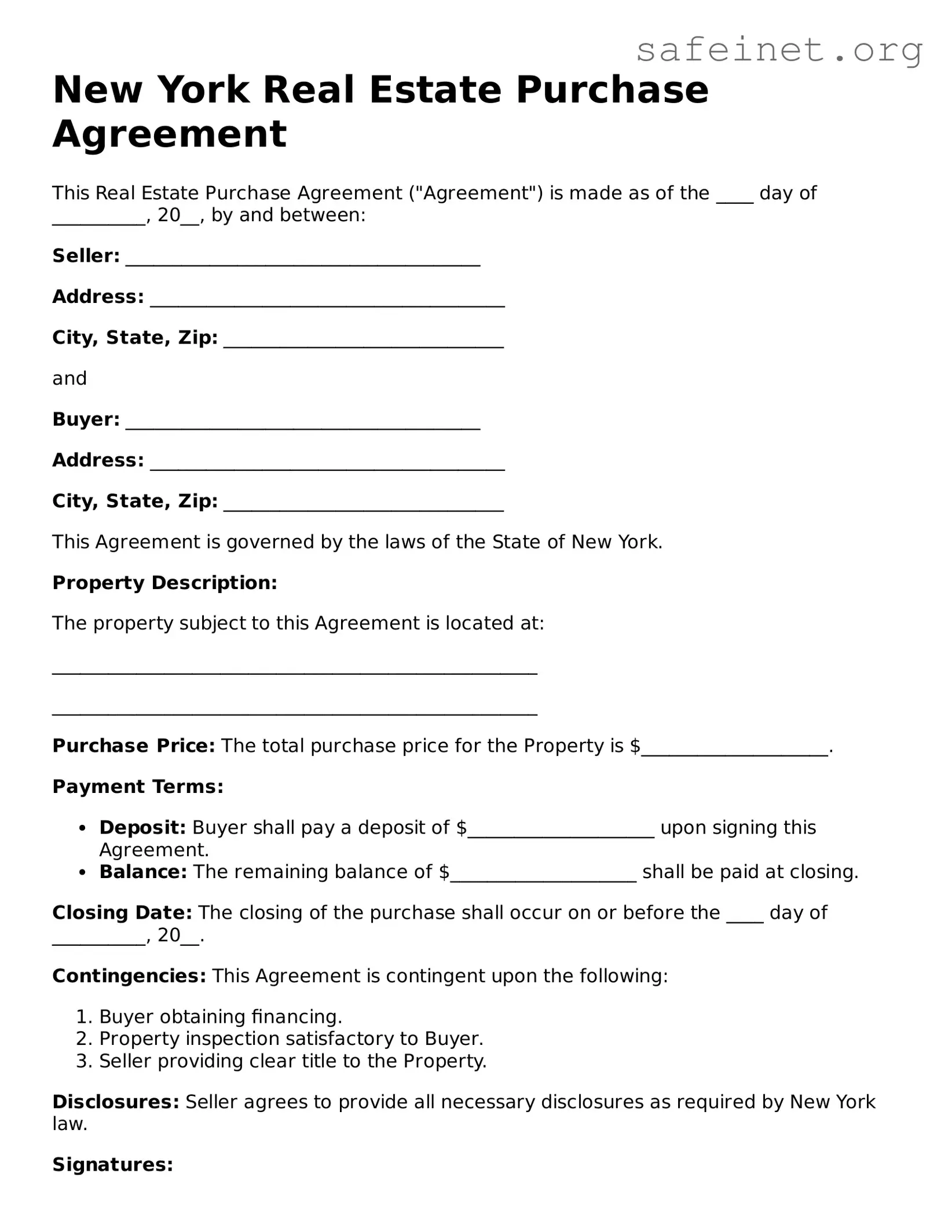 Valid Real Estate Purchase Agreement Template for the State of New York