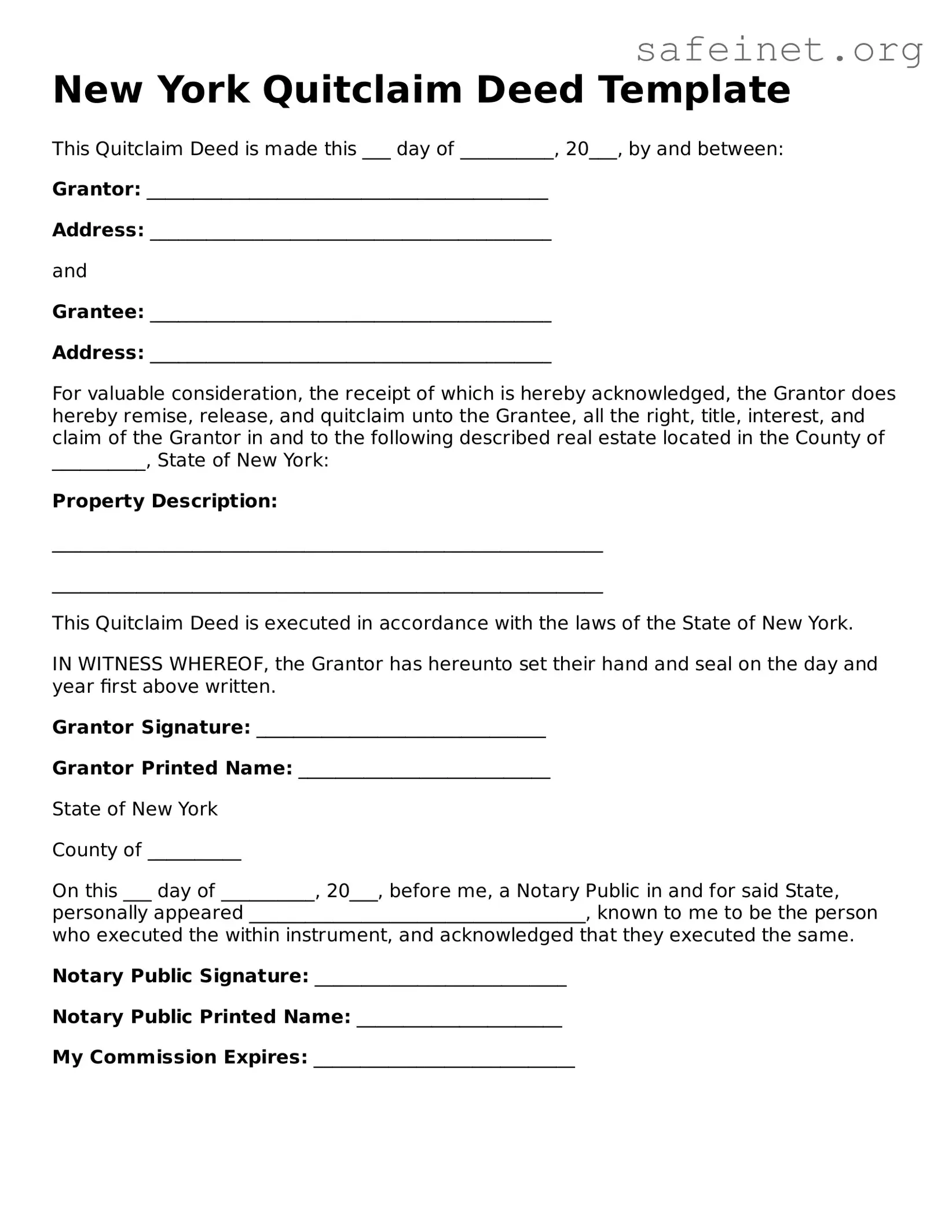 Valid Quitclaim Deed Template for the State of New York