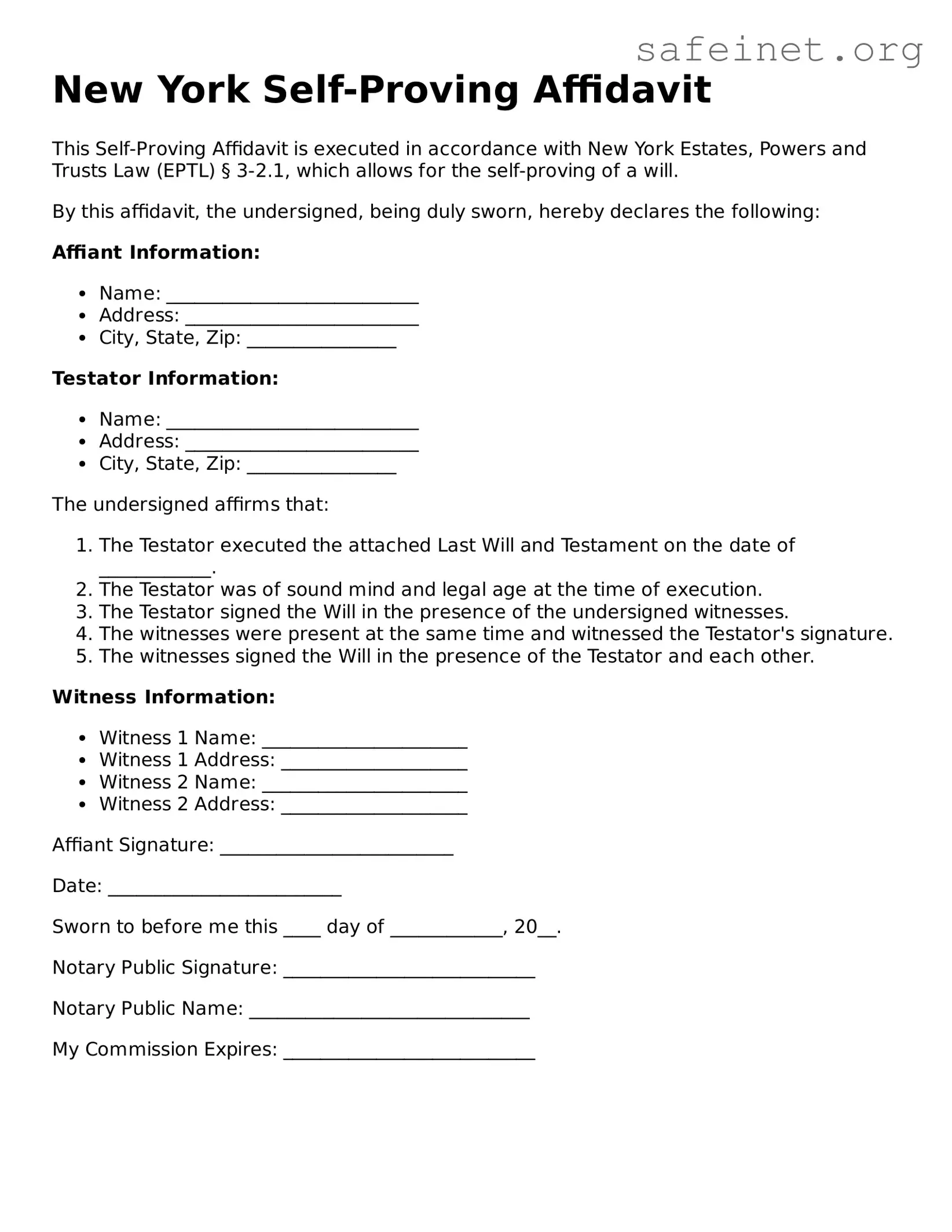 Valid Self-Proving Affidavit Template for the State of New York