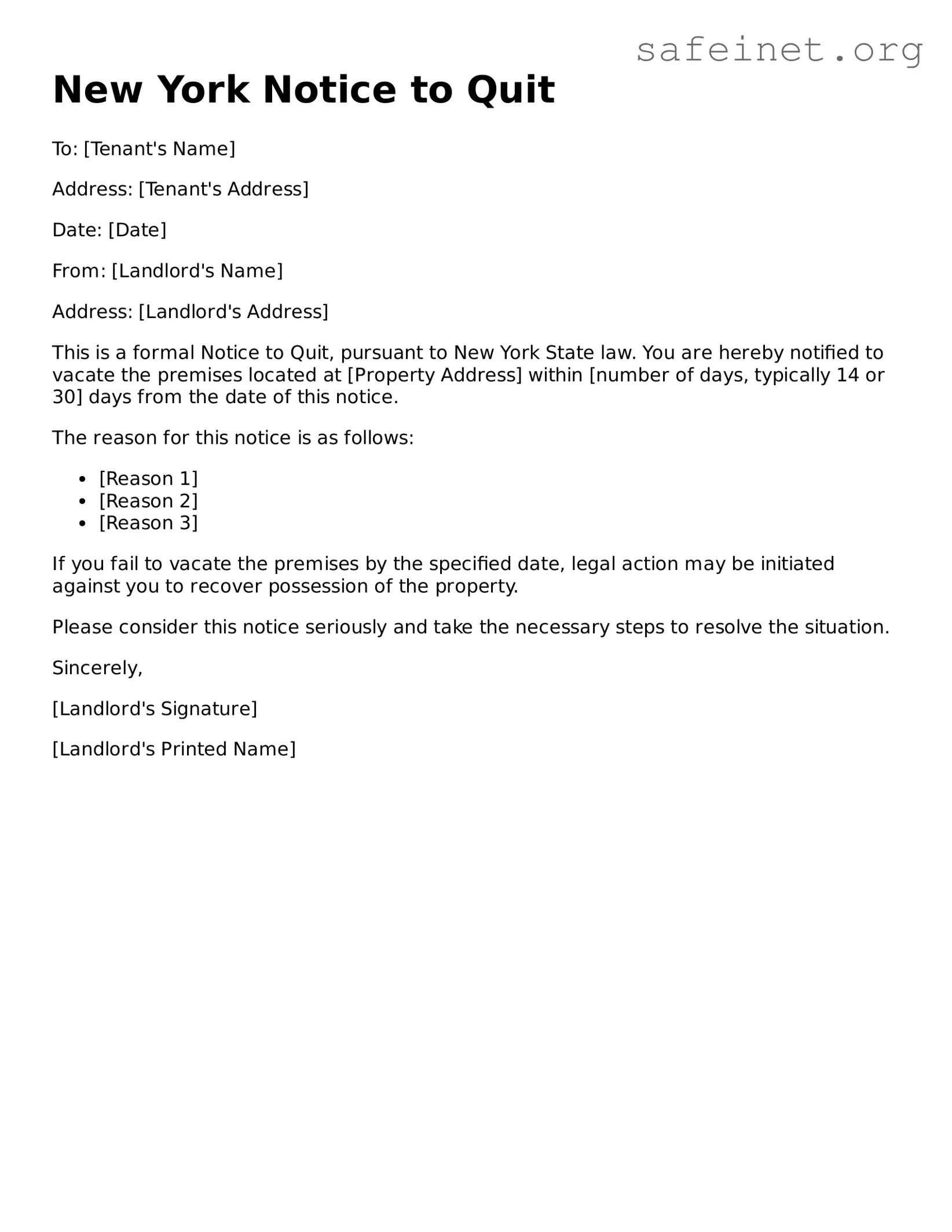 Valid Notice to Quit Template for the State of New York