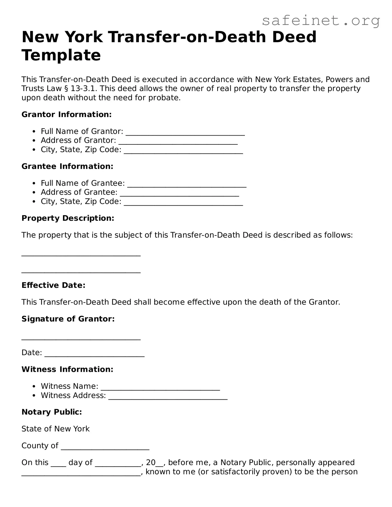 Valid Transfer-on-Death Deed Template for the State of New York
