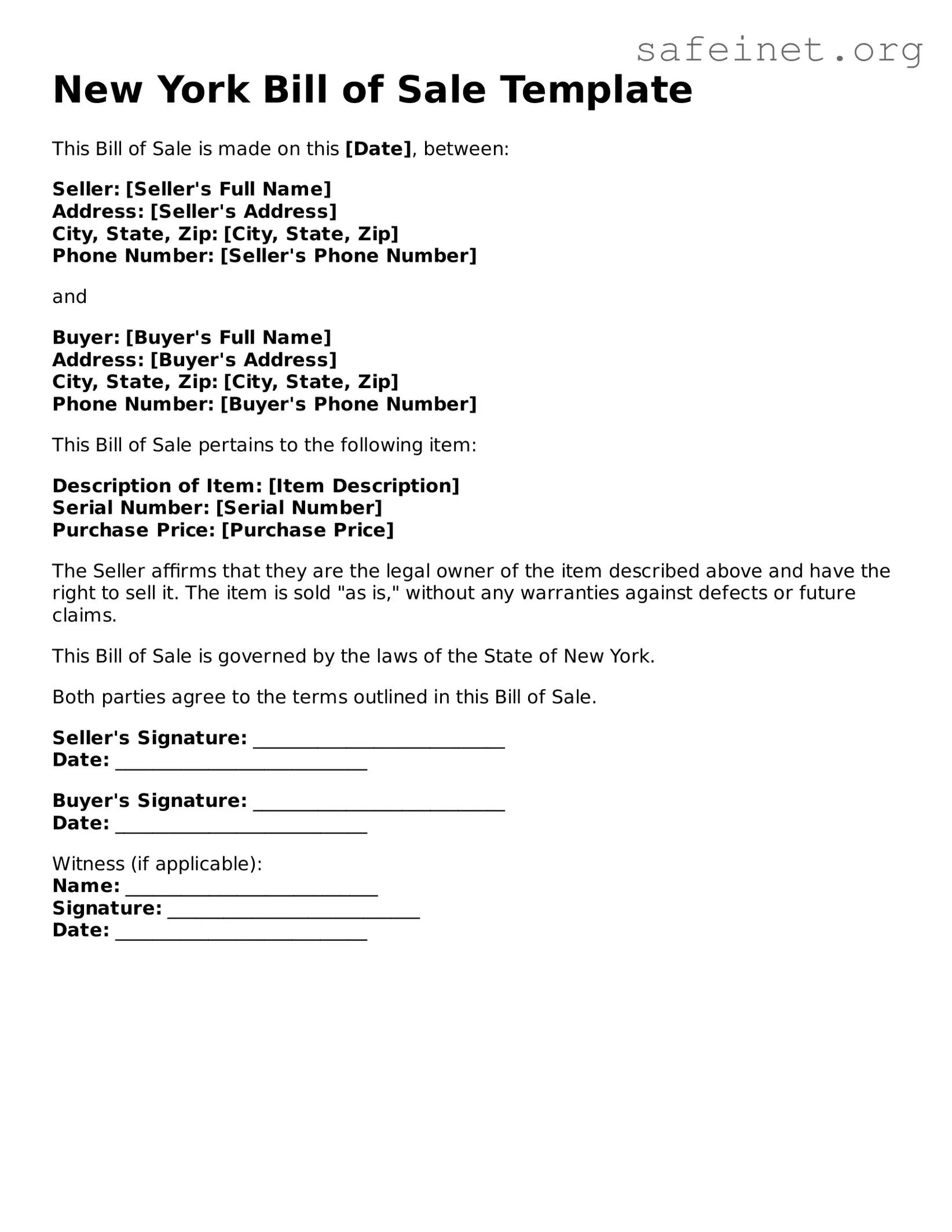 Valid Bill of Sale Template for the State of New York