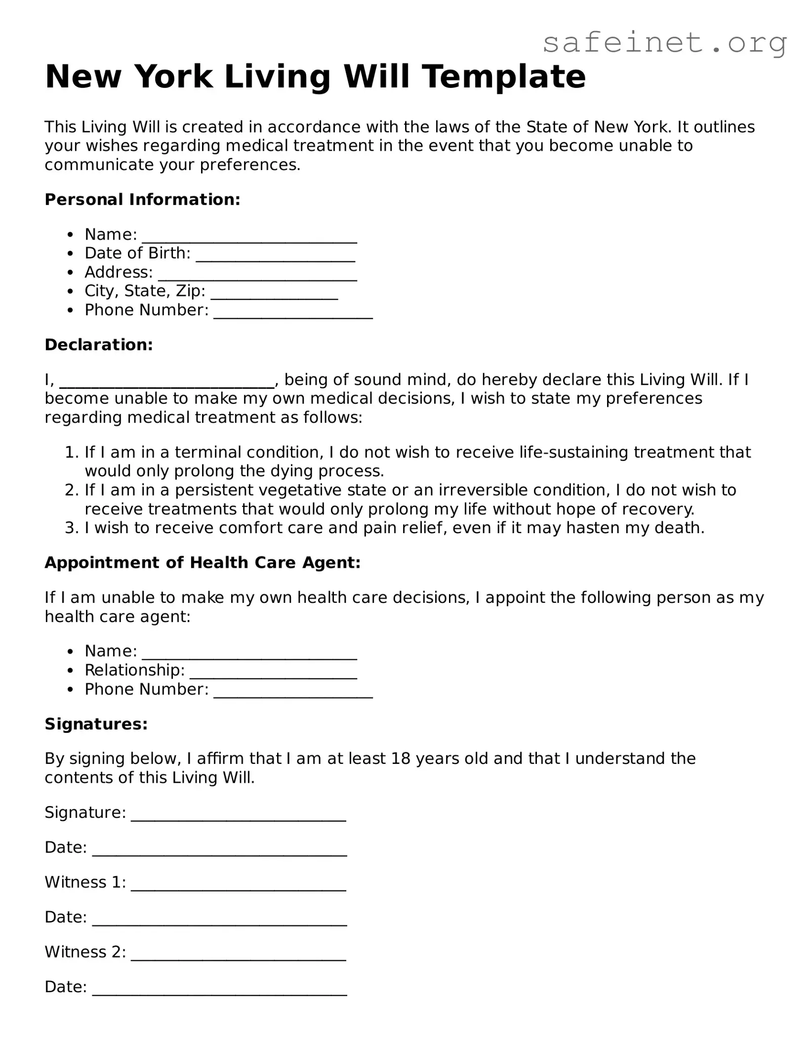Valid Living Will Template for the State of New York