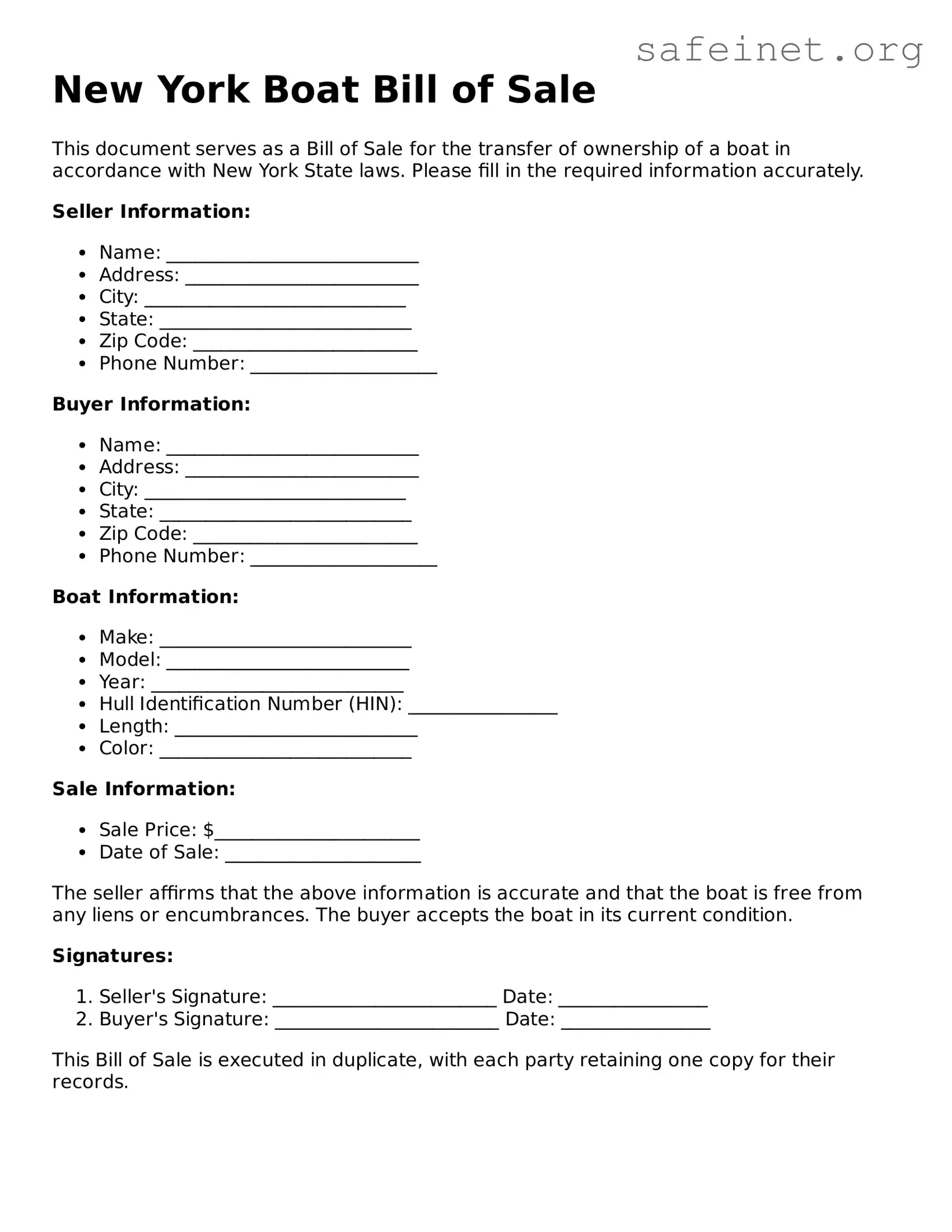 Valid Boat Bill of Sale Template for the State of New York