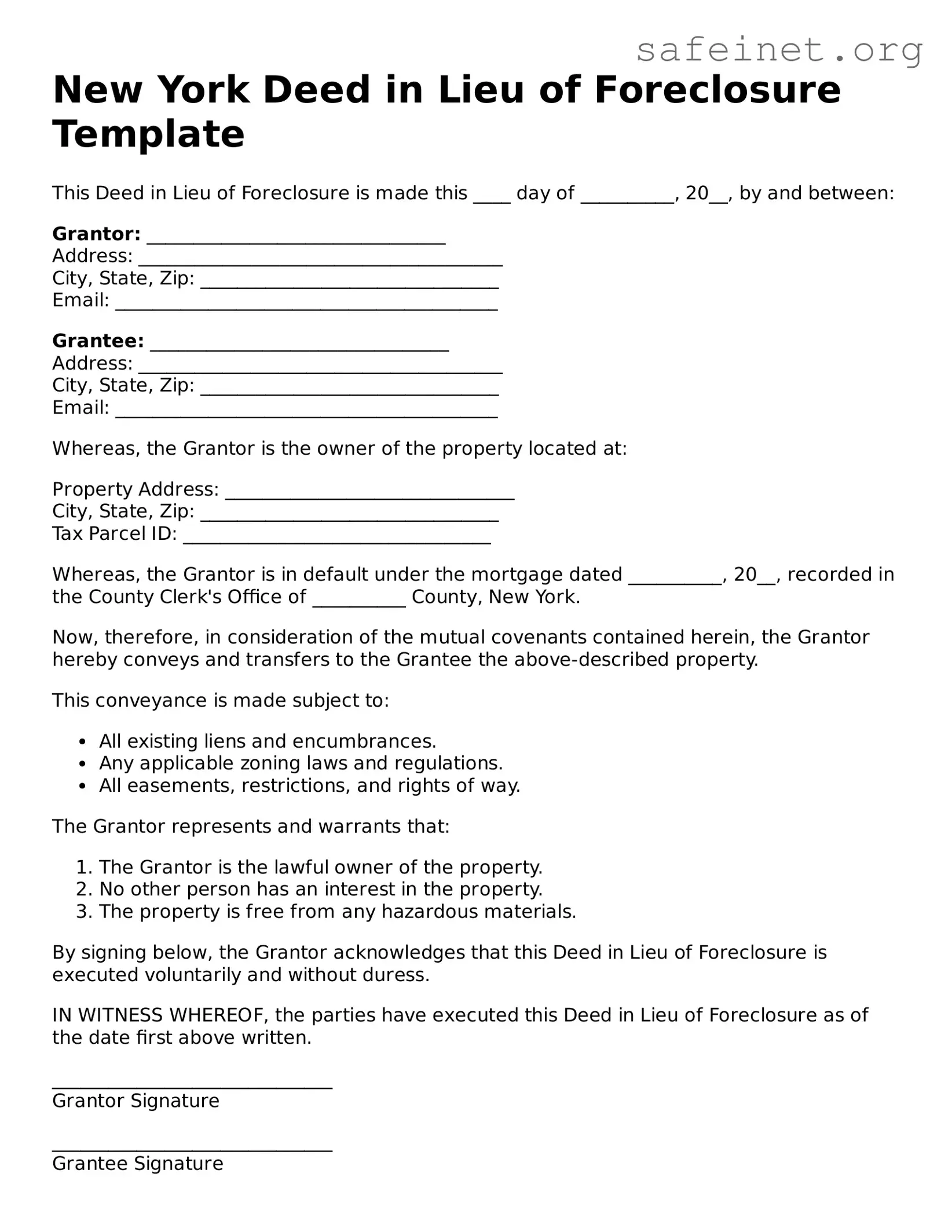 Valid Deed in Lieu of Foreclosure Template for the State of New York