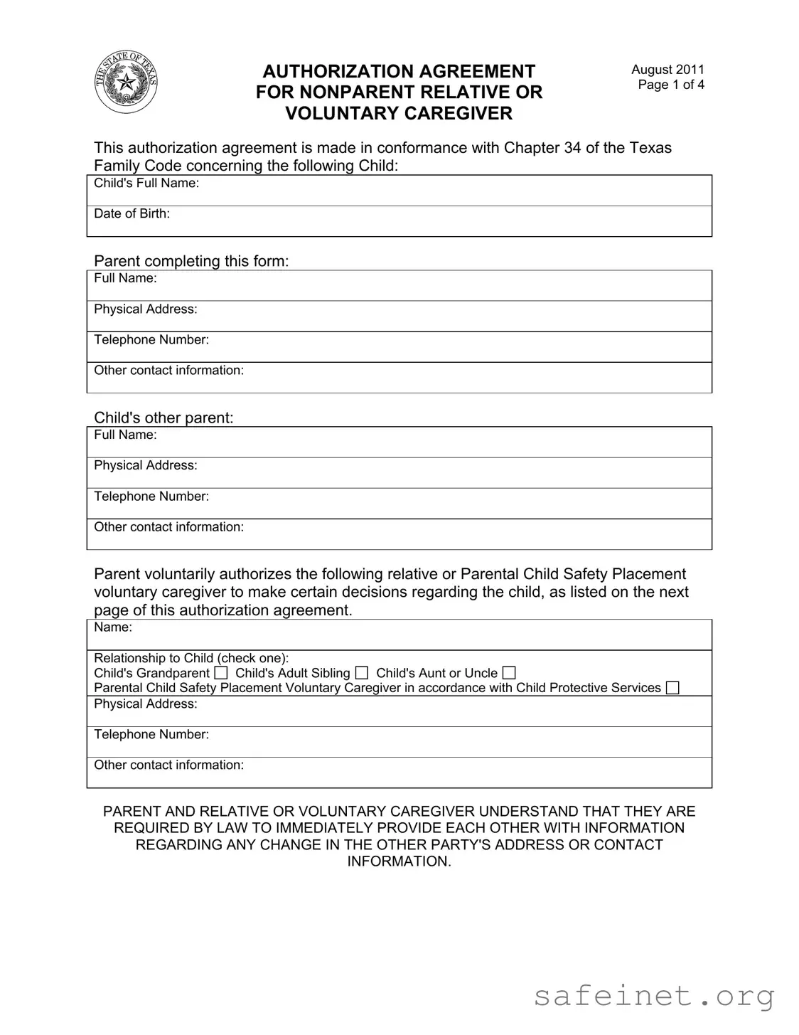 Blank Agreement Nonparent Relative Caregiver Template