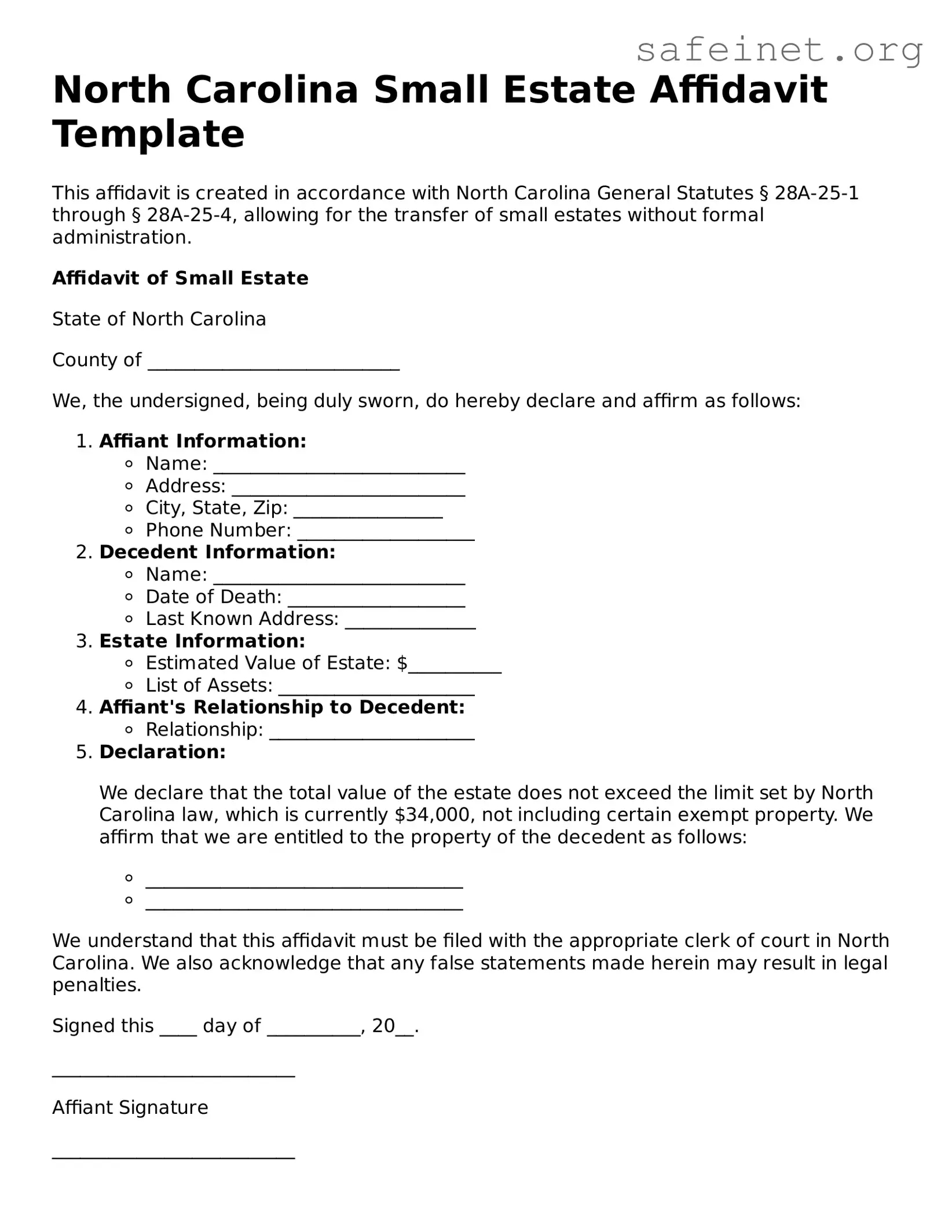 Valid Small Estate Affidavit Template for the State of North Carolina
