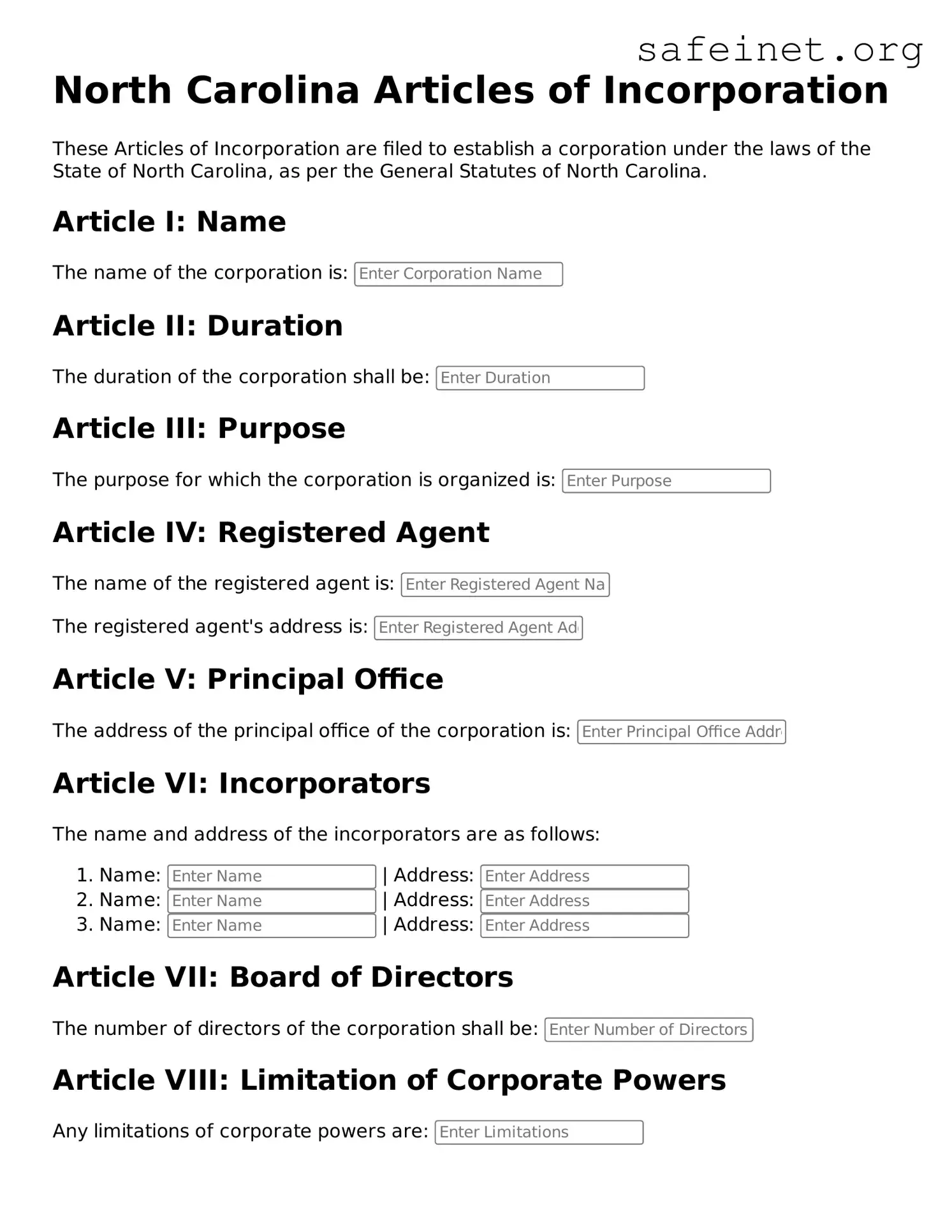 Valid Articles of Incorporation Template for the State of North Carolina
