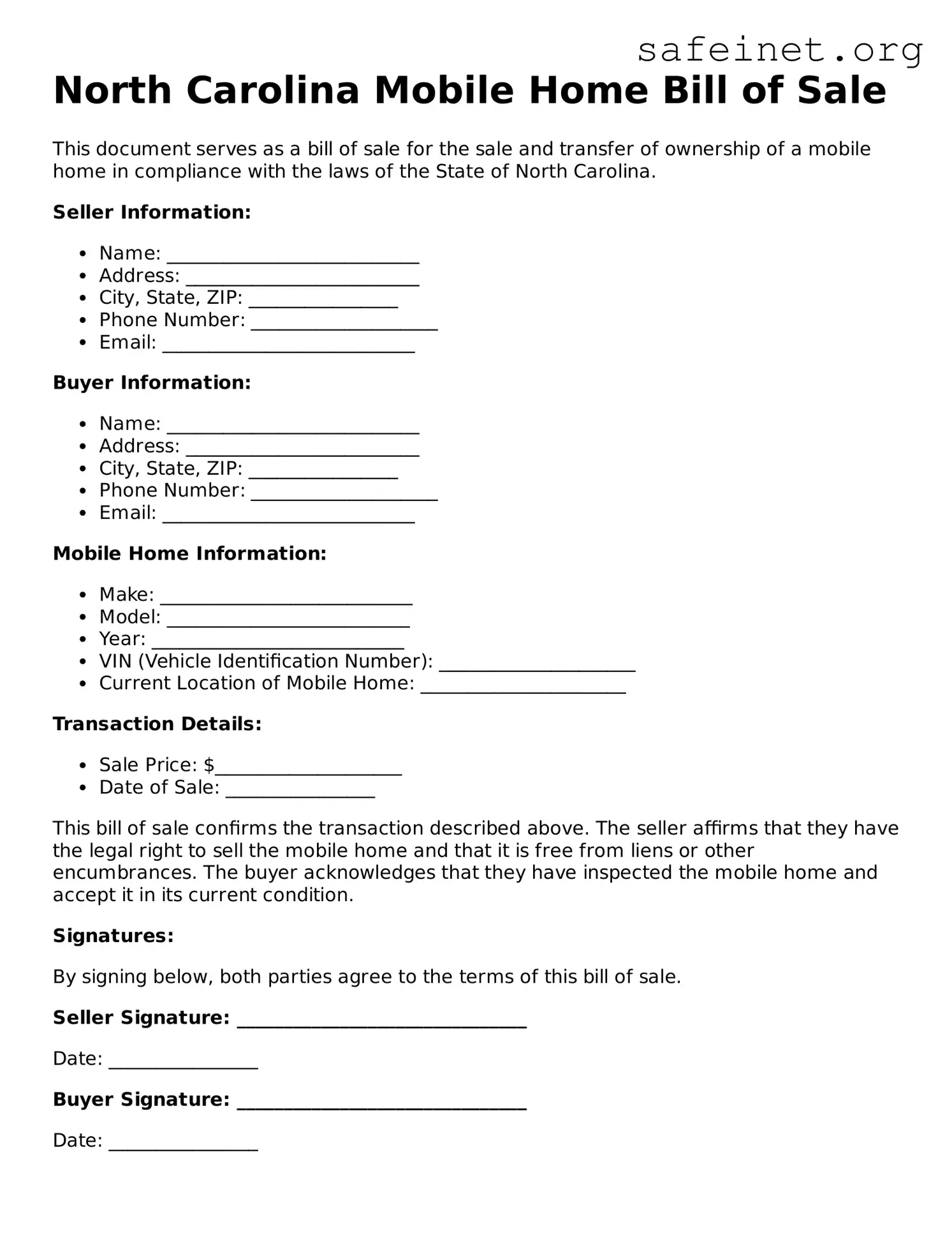 Valid Mobile Home Bill of Sale Template for the State of North Carolina