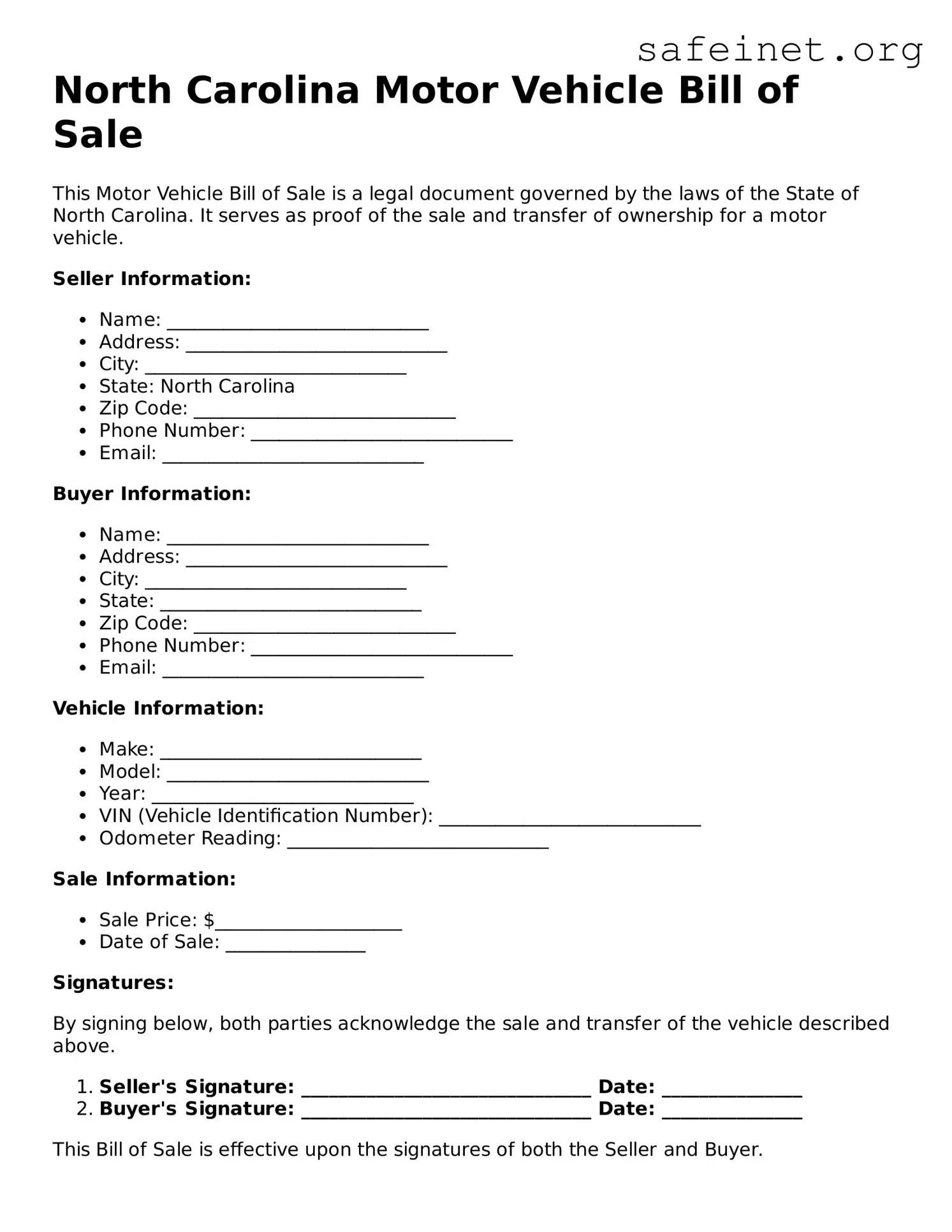 Valid Motor Vehicle Bill of Sale Template for the State of North Carolina