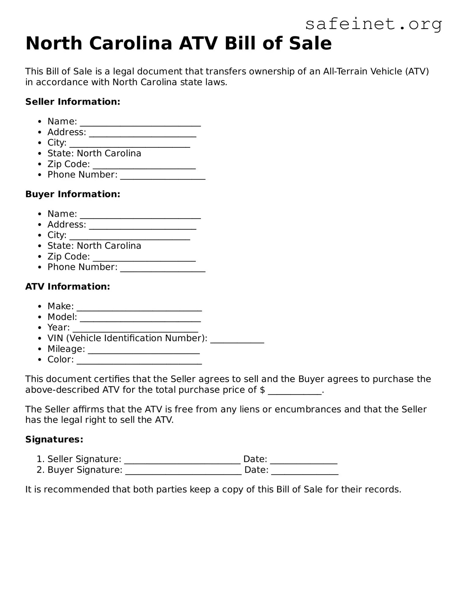 Valid ATV Bill of Sale Template for the State of North Carolina