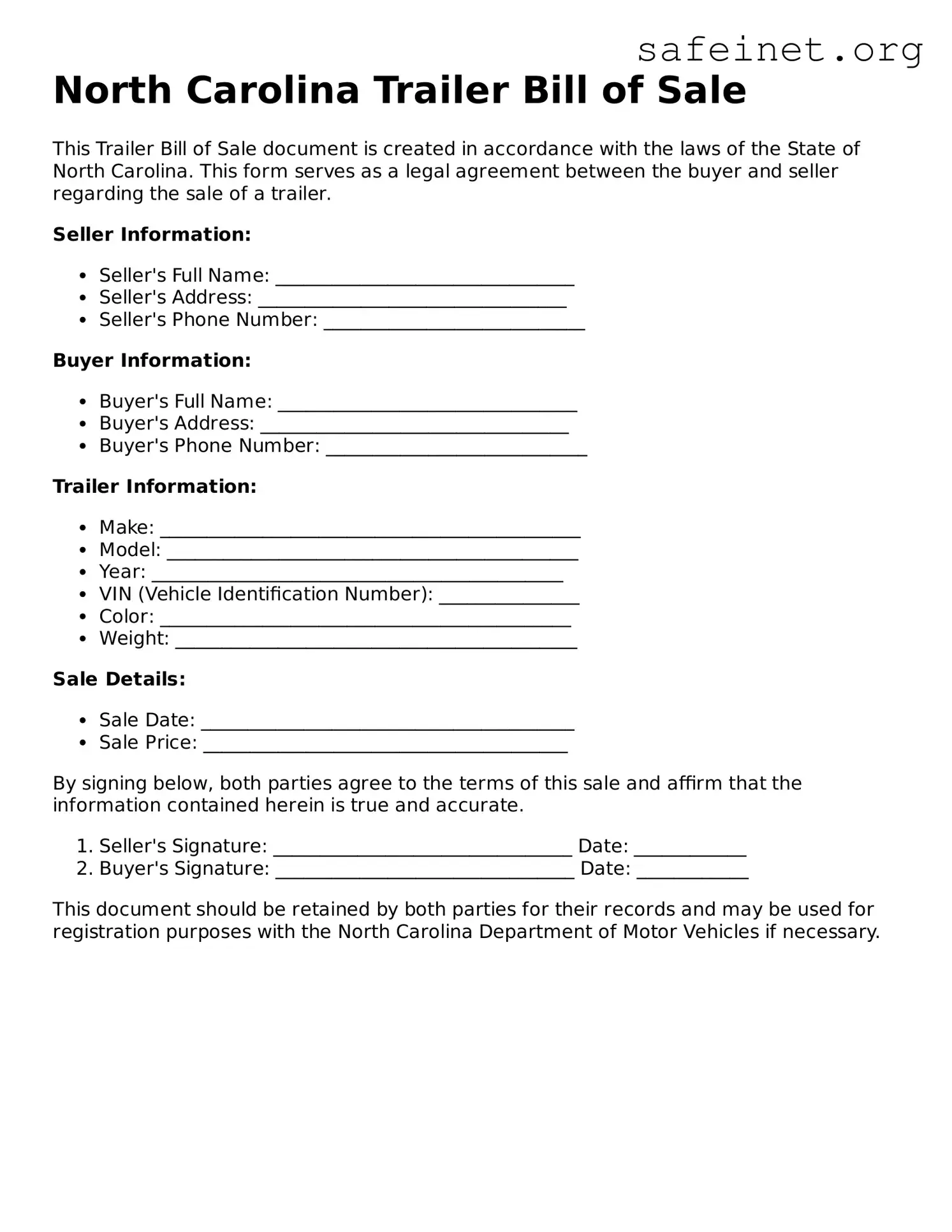 Valid Trailer Bill of Sale Template for the State of North Carolina