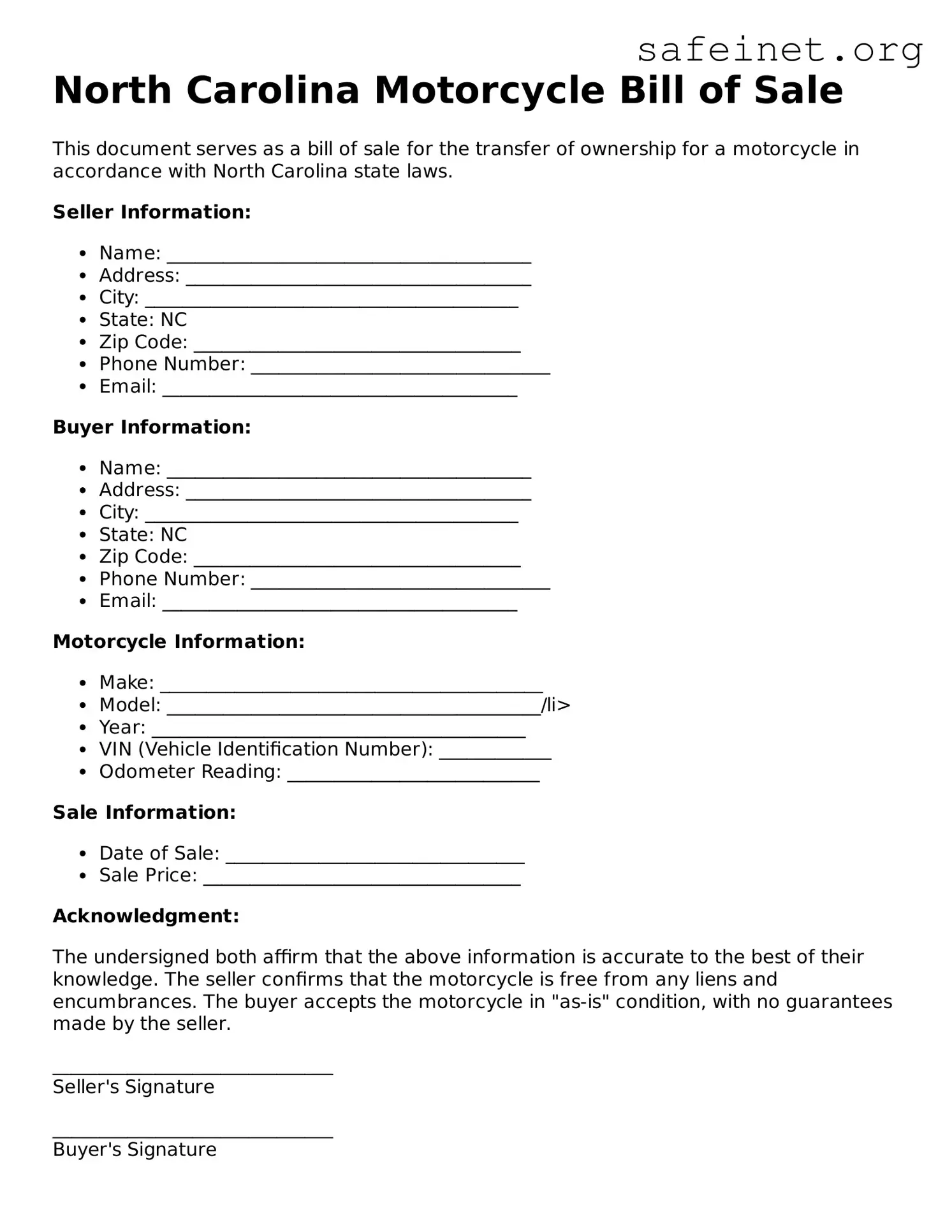 Valid Motorcycle Bill of Sale Template for the State of North Carolina