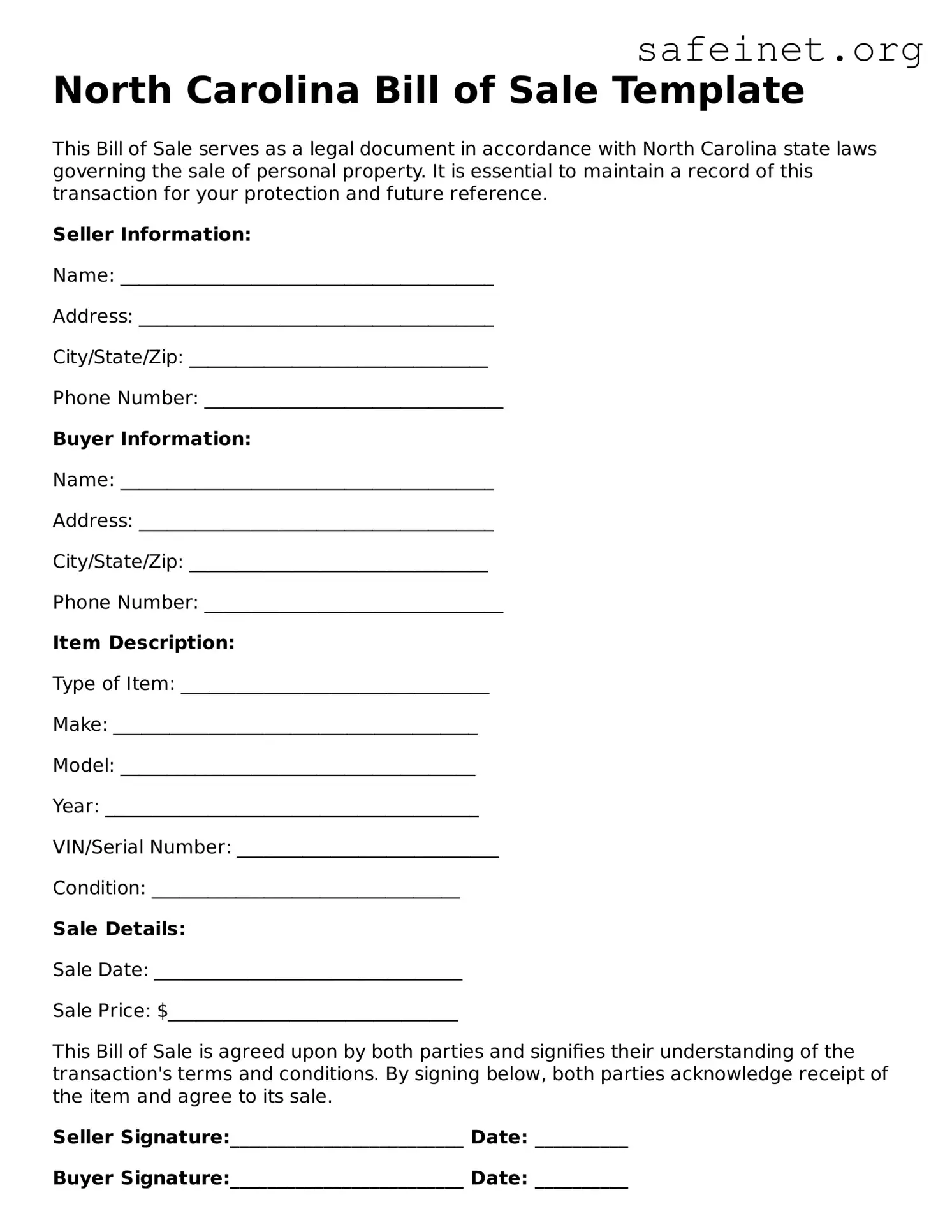 Valid Bill of Sale Template for the State of North Carolina