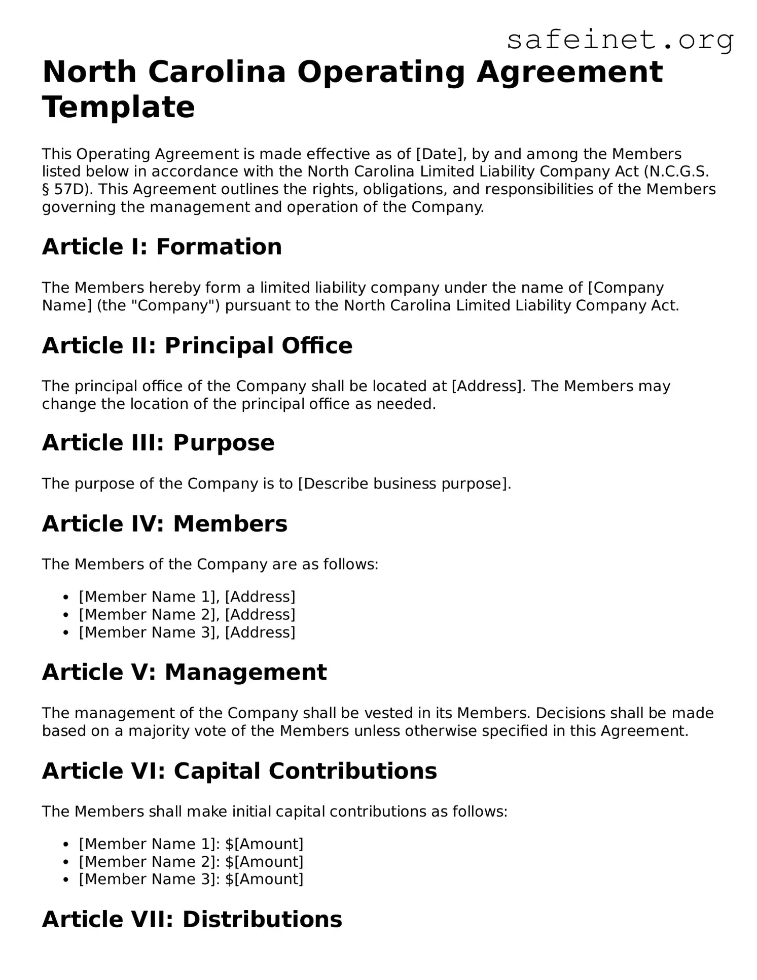 Valid Operating Agreement Template for the State of North Carolina